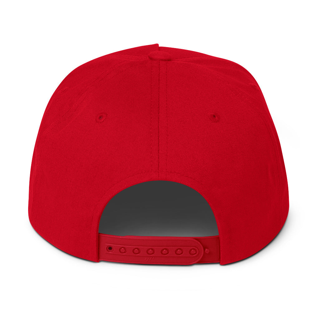 Flat Bill Cap, Red. S+F White Typefont Logo Design.