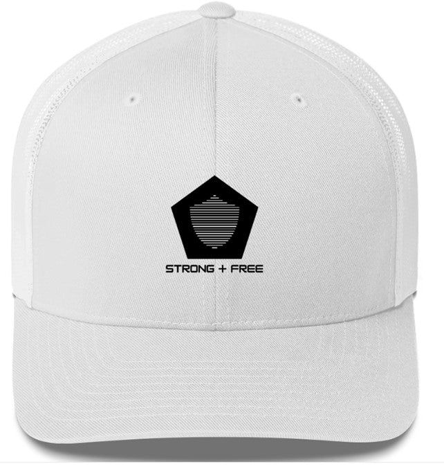 Trucker Cap, white. S+F signature shield logo design, reverse black pentagon crest.