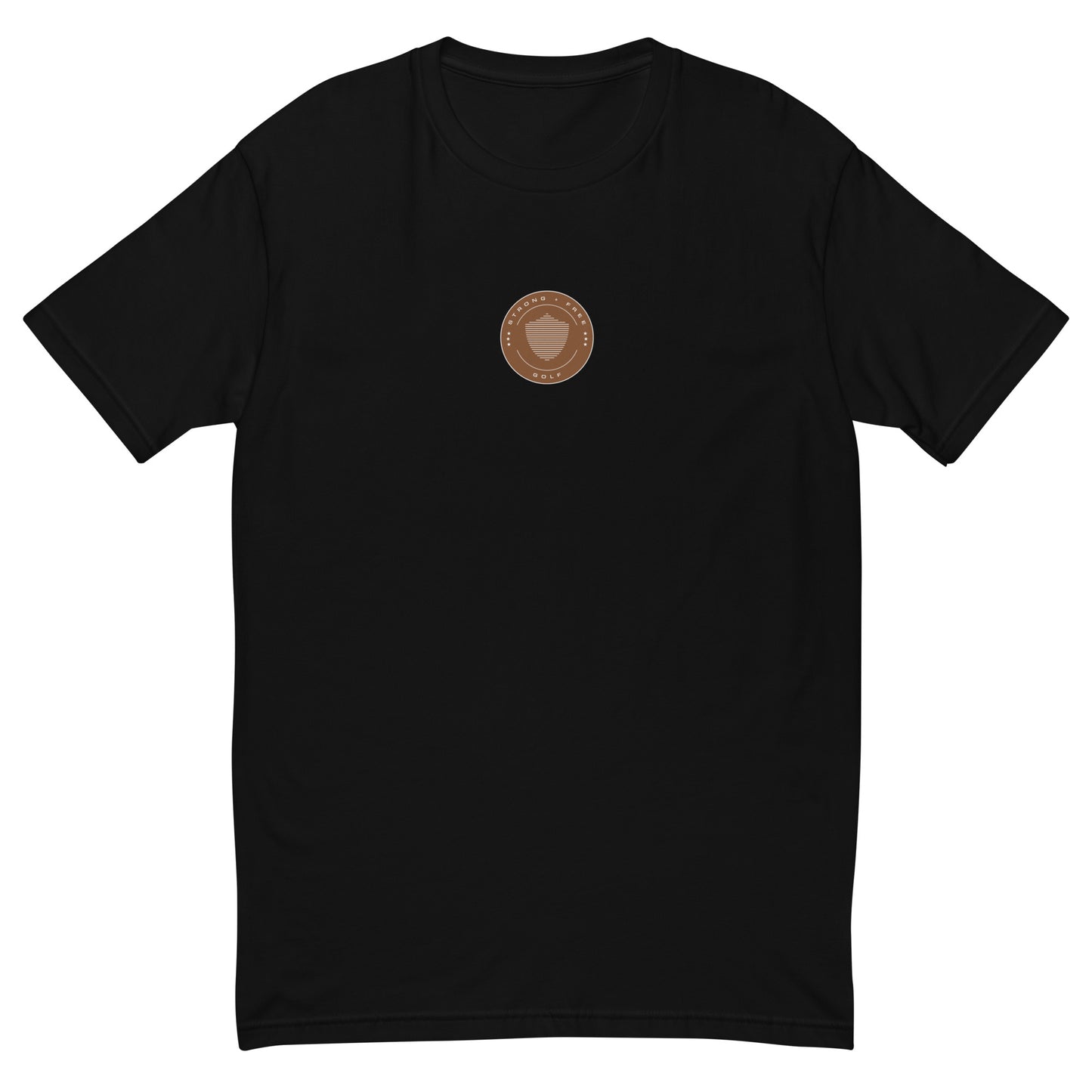 Men's golf tee, various colors. S+F signature shield logo design, reverse brown crest.