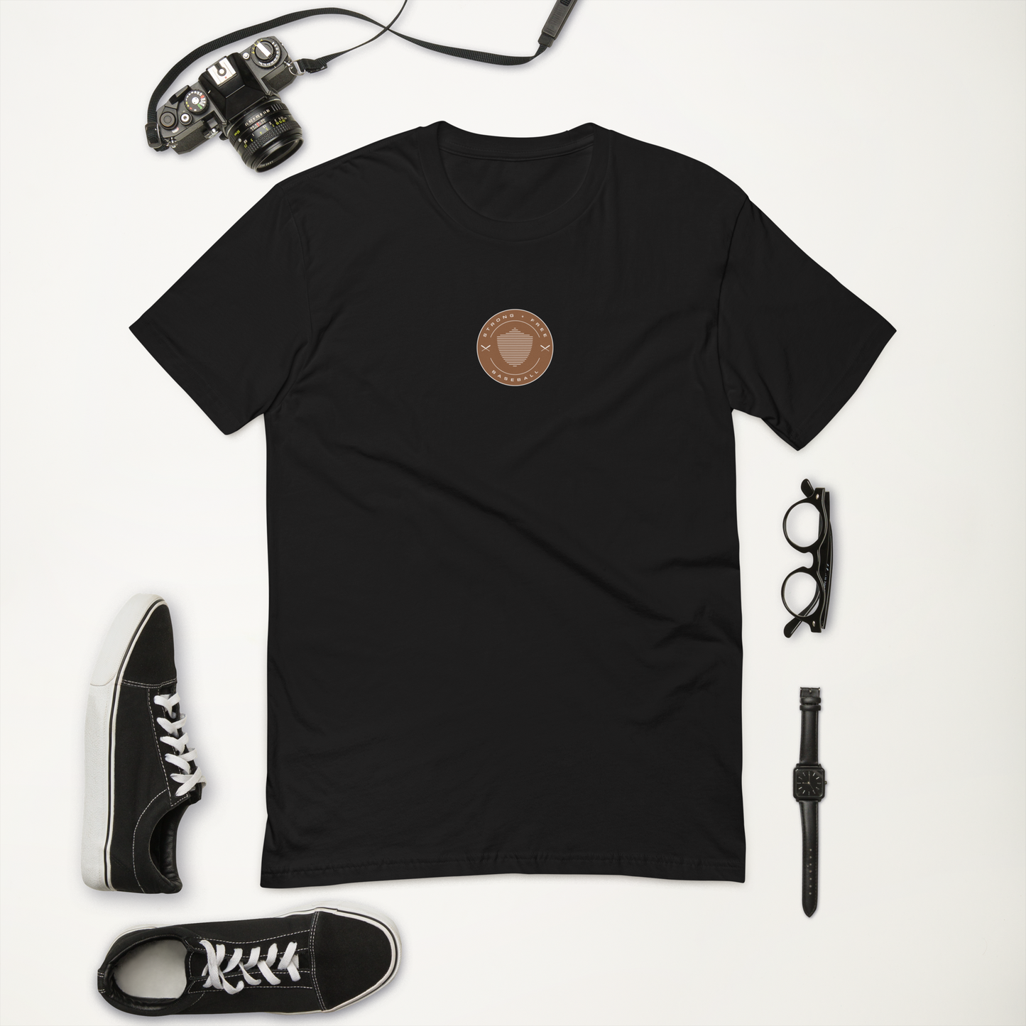 Men's baseball tee, various colors. S+F signature shield logo design, reverse brown crest.