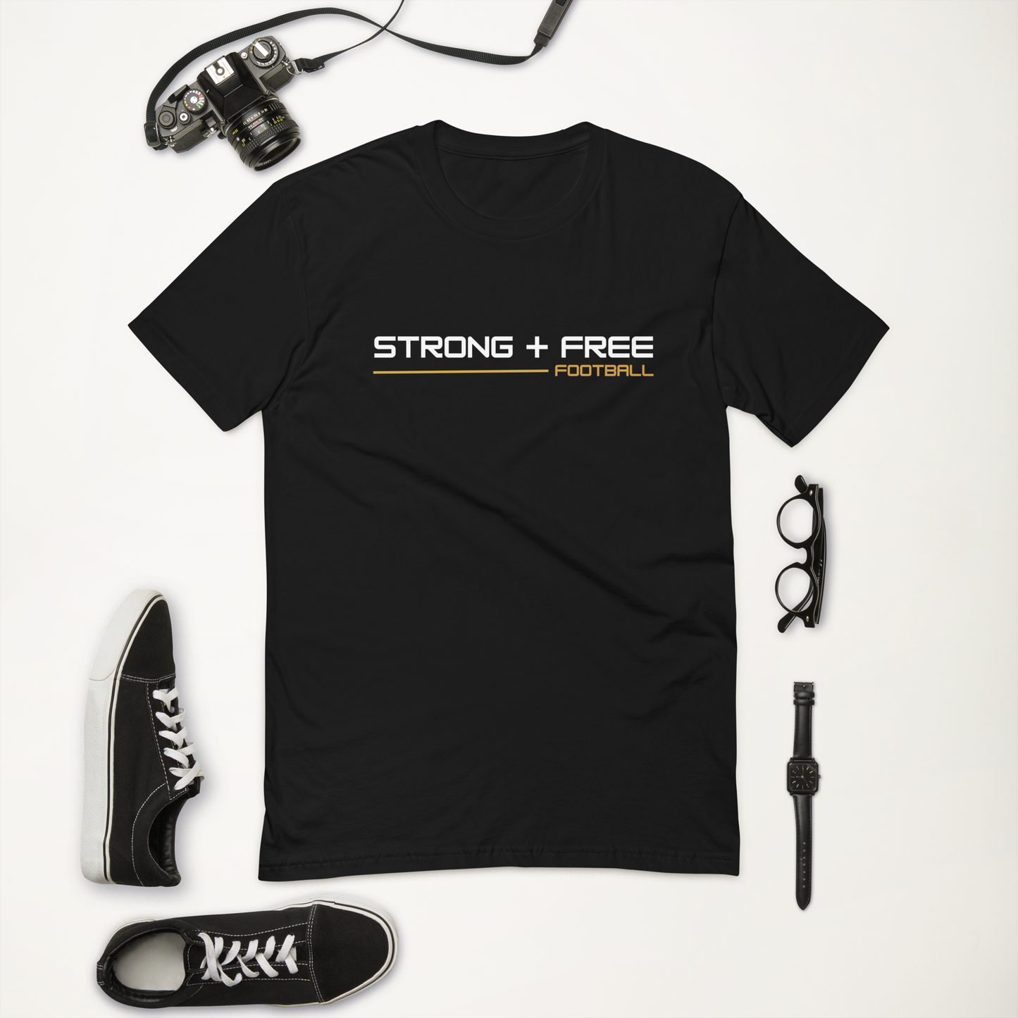 Men's football tee, black. S+F signature wordmark logo design I.