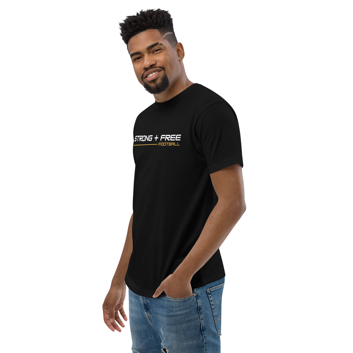 Men's football tee, black. S+F signature wordmark logo design I.