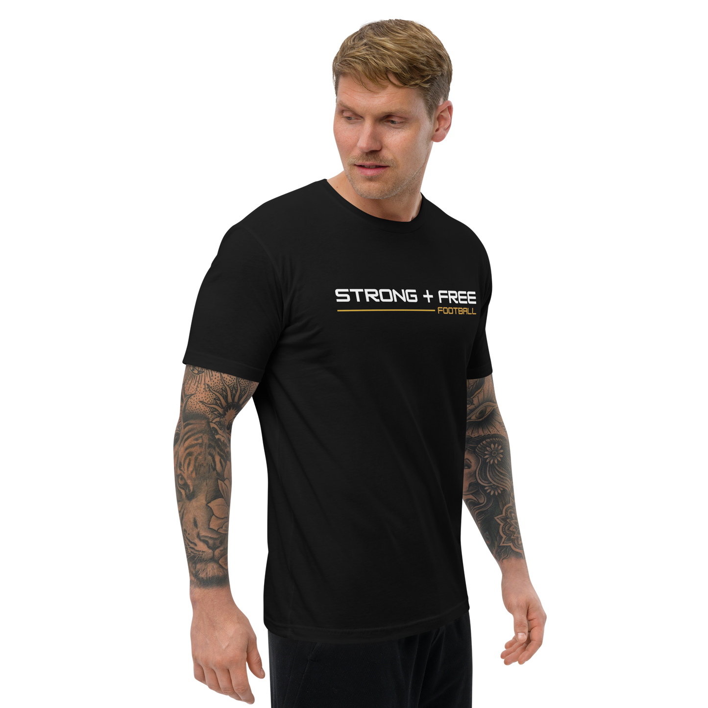 Men's football tee, black. S+F signature wordmark logo design I.