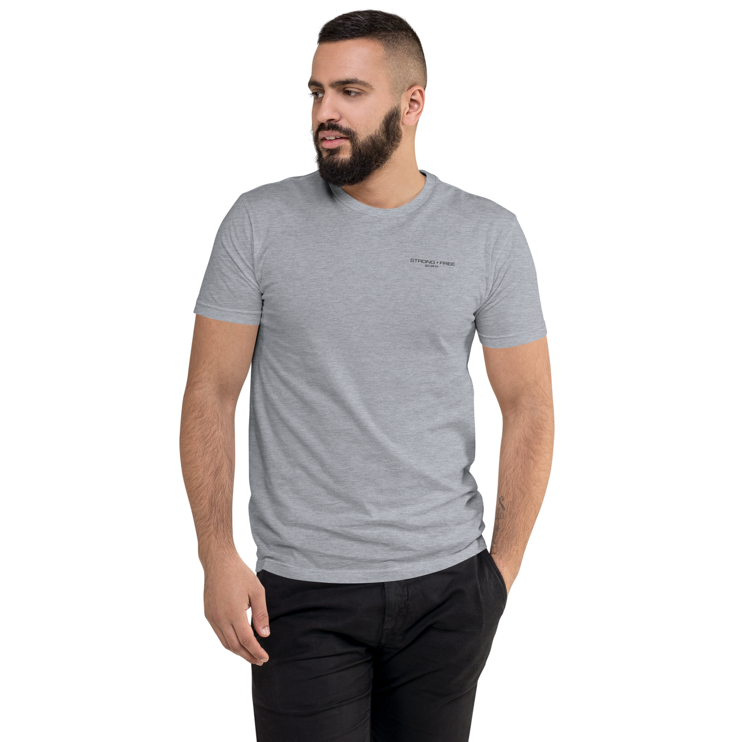 Men's Classic Fit T-Shirt, Black/Blue/Red/White. S+F Black Font Logo Design.