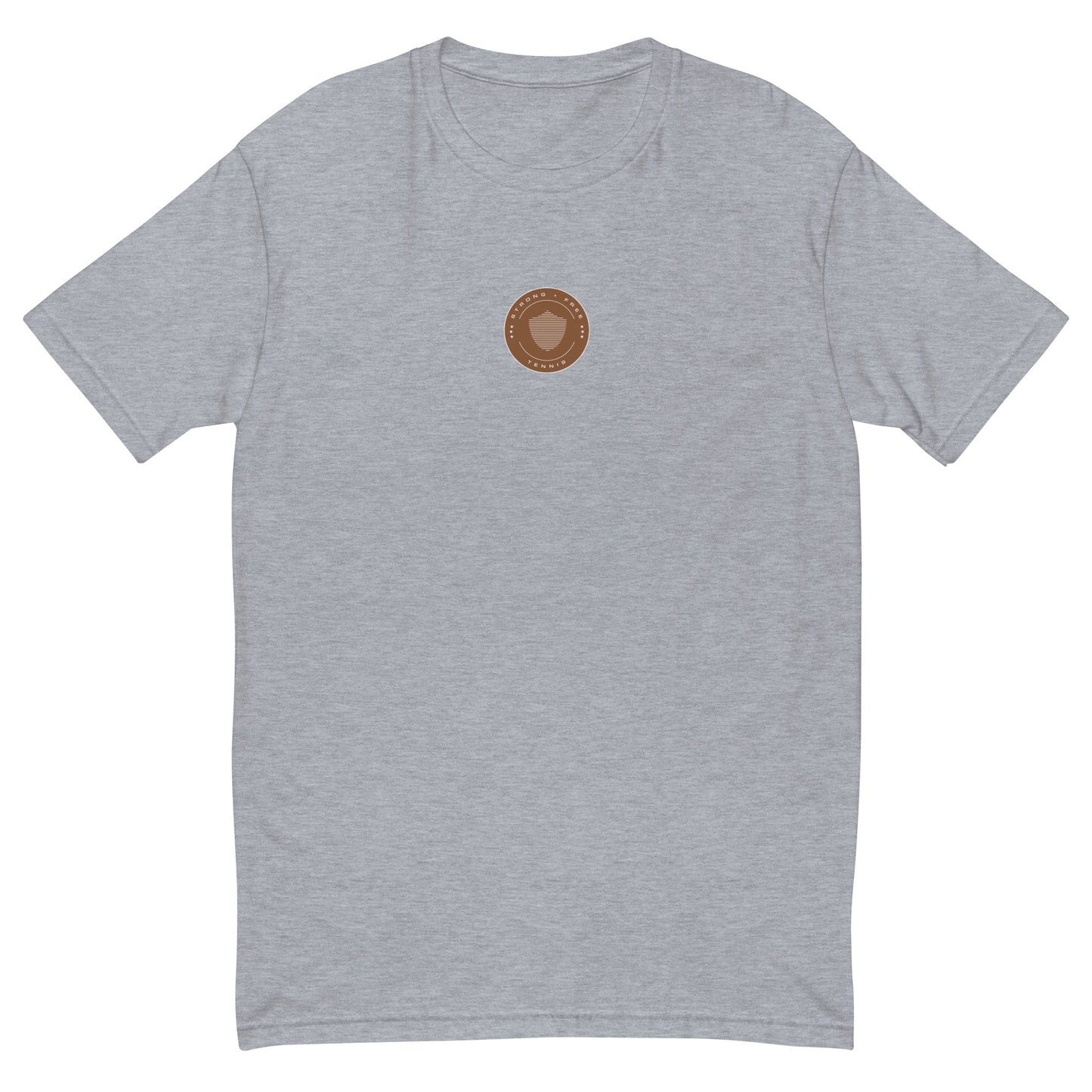 Tennis tee, various colors. S+F signature shield logo design, reverse brown crest.
