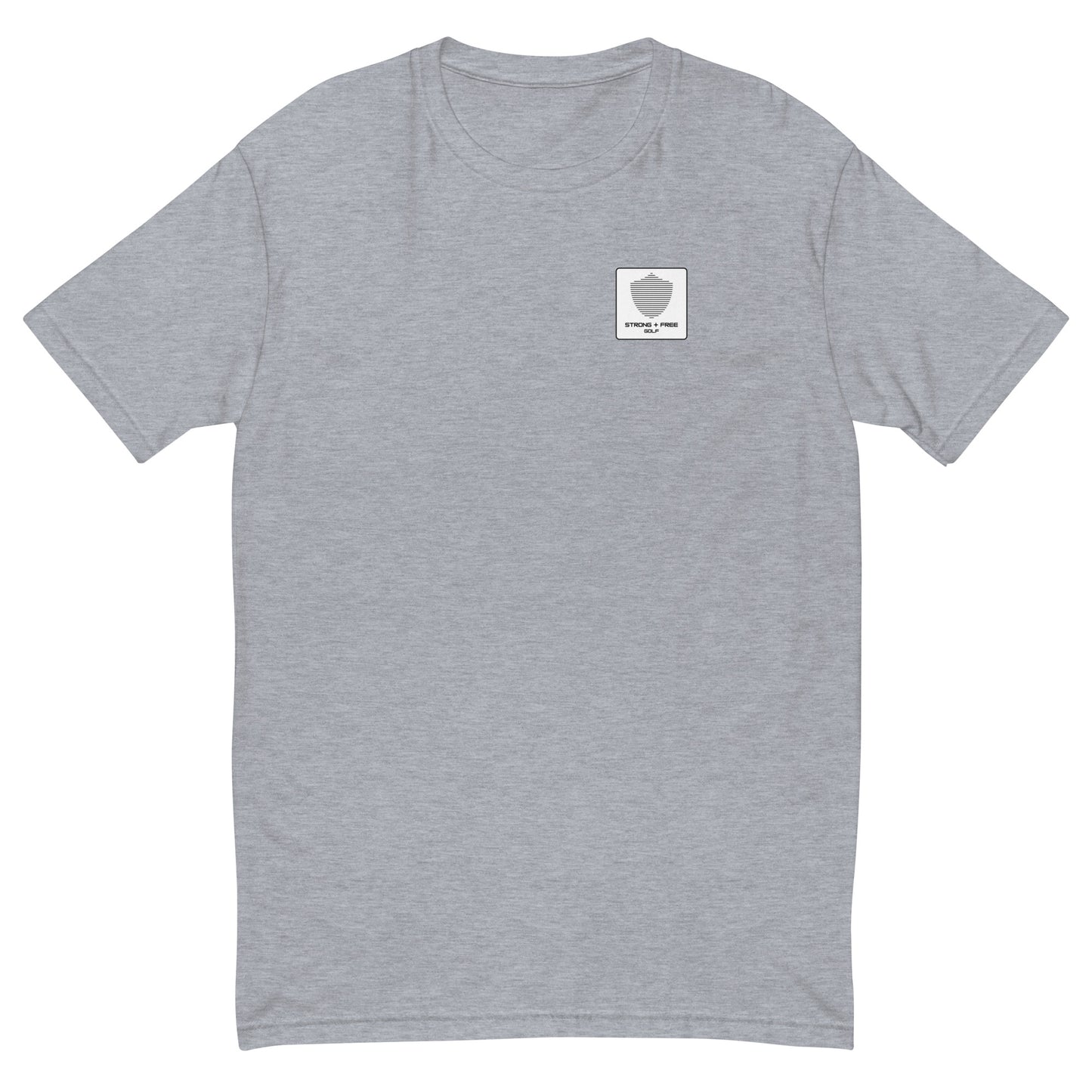 Men's golf tee, various colors. S+F signature shield logo design, reverse white icon.