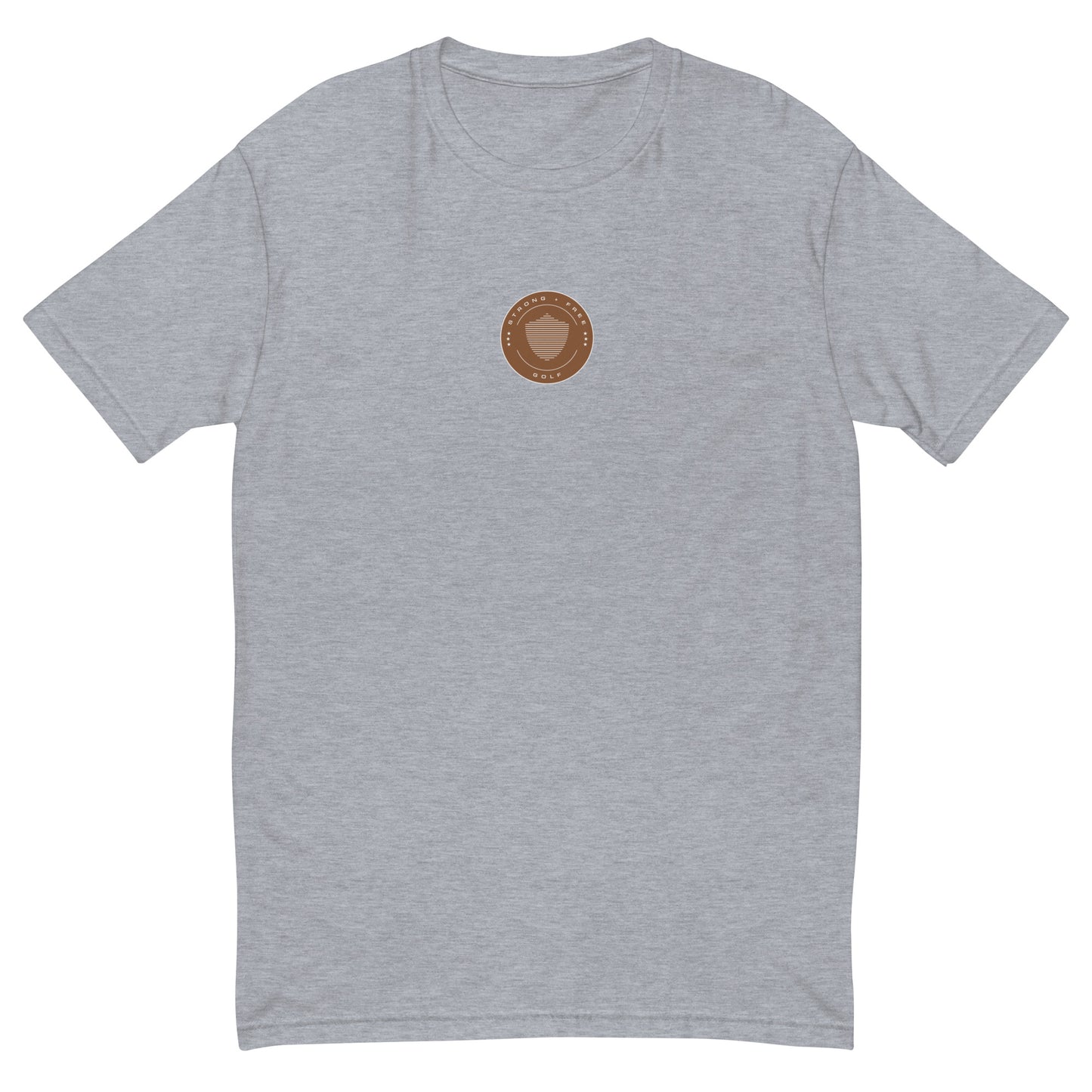 Men's golf tee, various colors. S+F signature shield logo design, reverse brown crest.