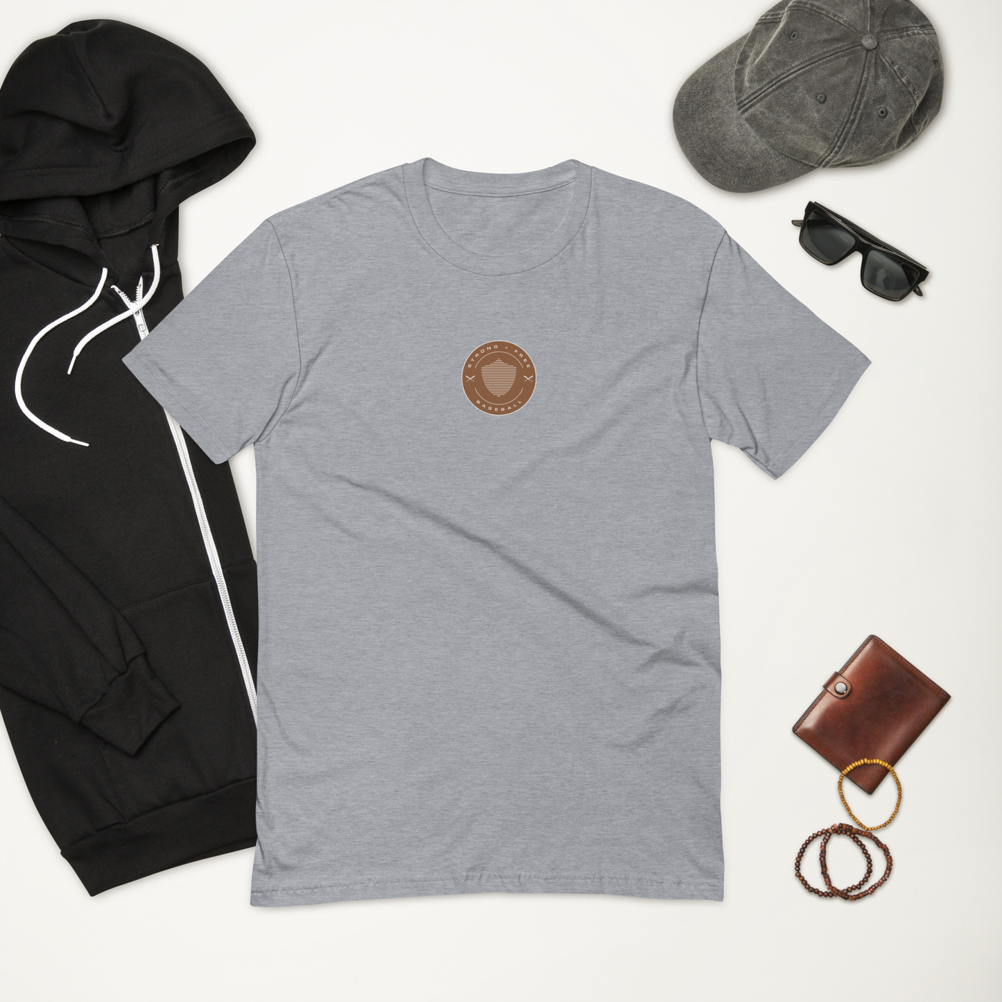 Men's baseball tee, various colors. S+F signature shield logo design, reverse brown crest.