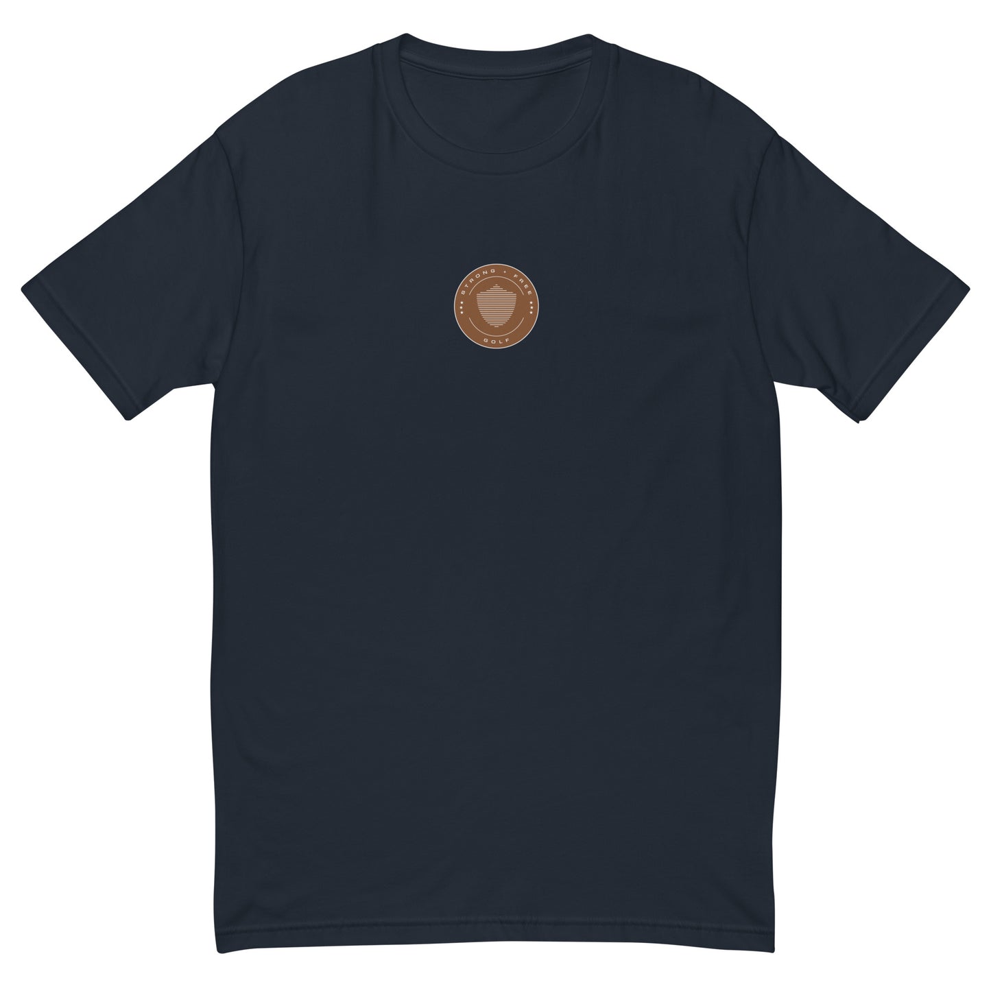 Men's golf tee, various colors. S+F signature shield logo design, reverse brown crest.