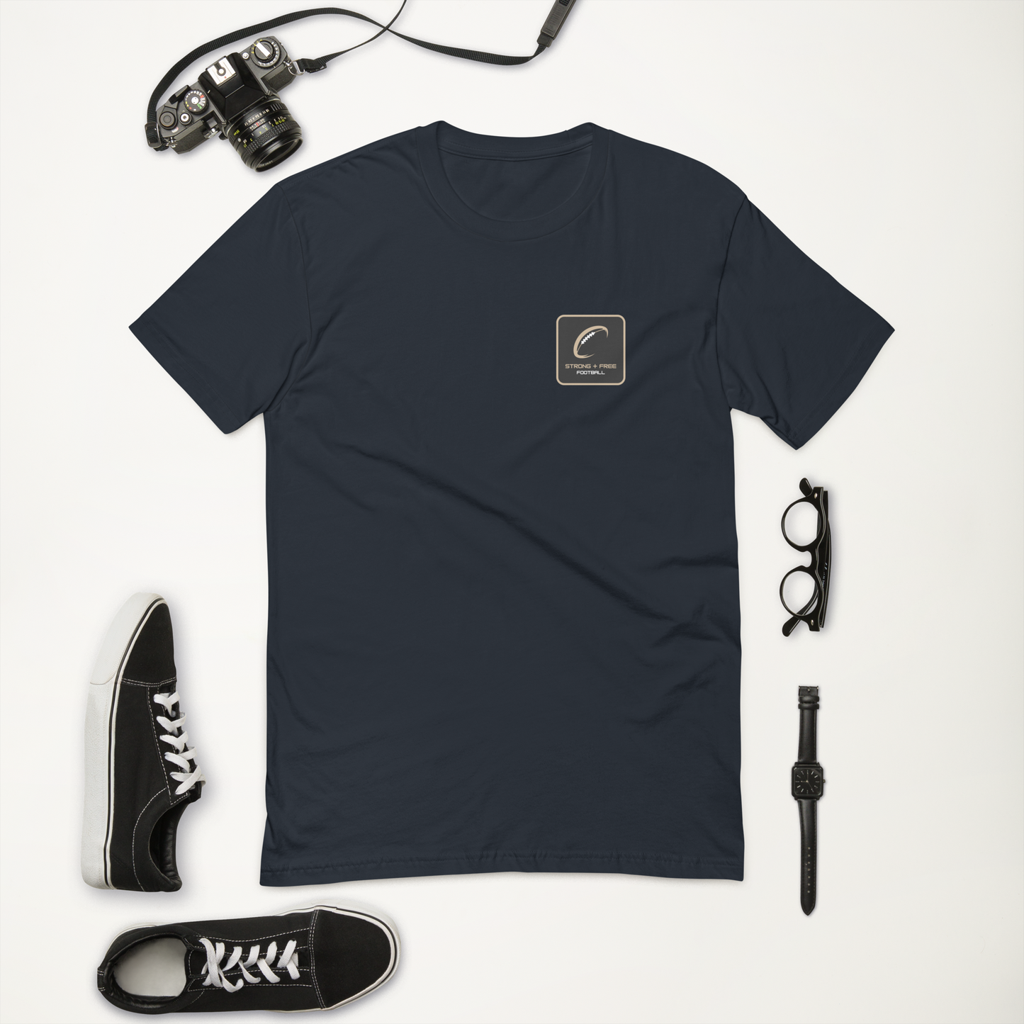 Men's football tee, various colors. S+F signature football logo design, reverse black icon.