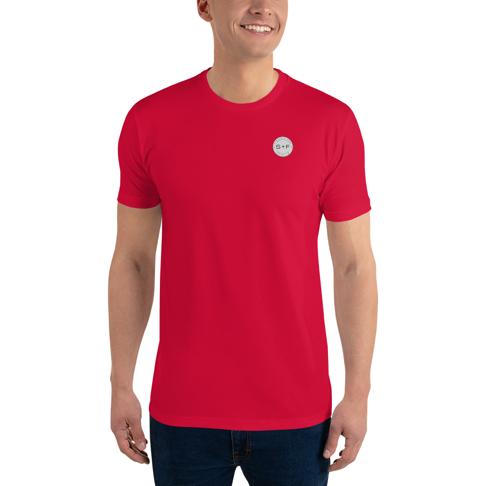 Men's Classic Fit T-shirt, Black/White/Blue/Red. S+F Reverse Grey Logo Design.