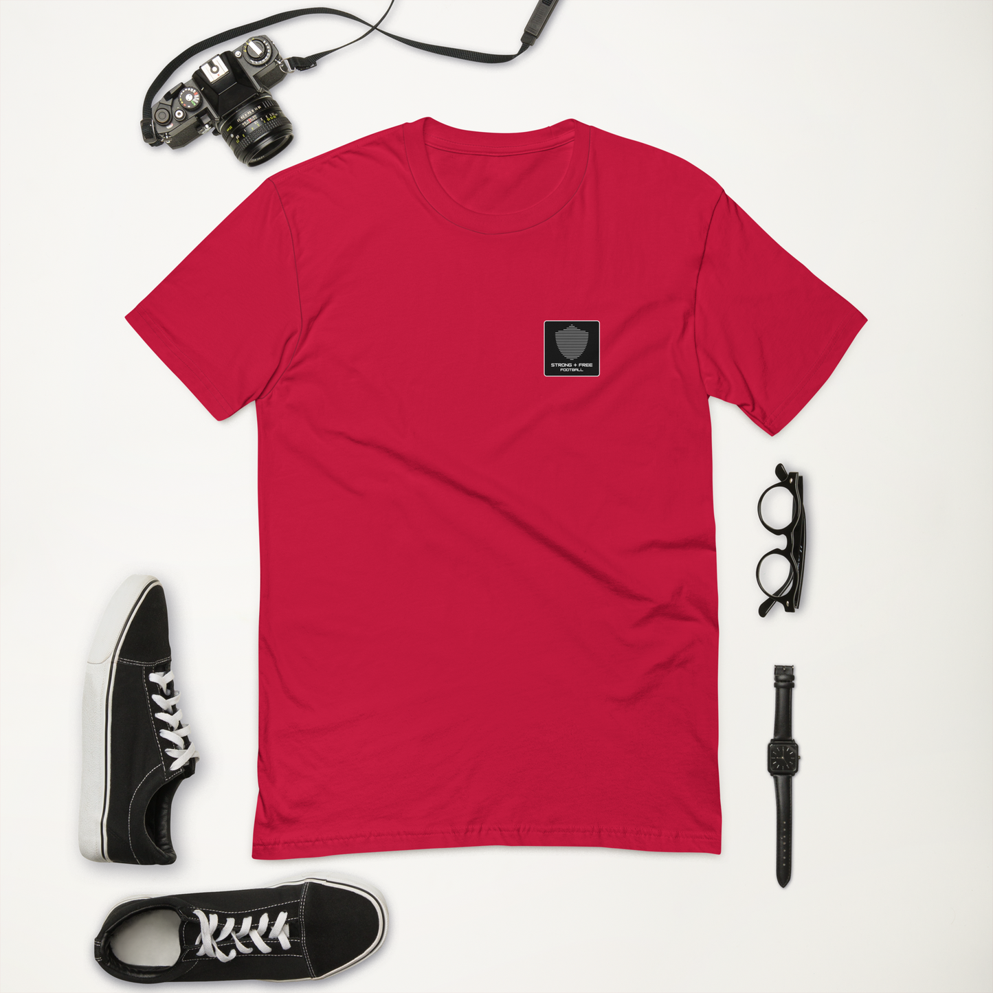 Men's football tee, various colors. S+F signature shield logo design, reverse black icon.