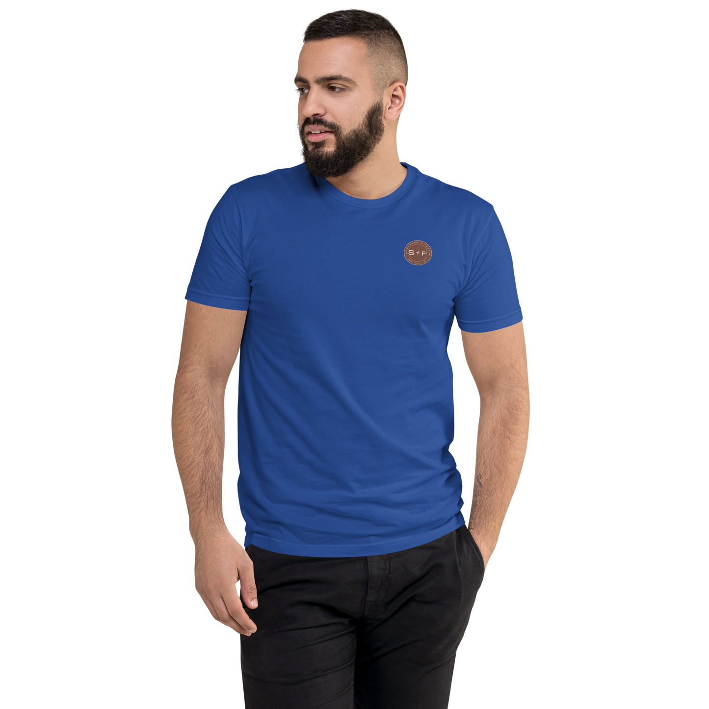 Men's Classic Fit T-shirt, Black/Blue/Red/White. S+F Reverse Brown Logo Design.