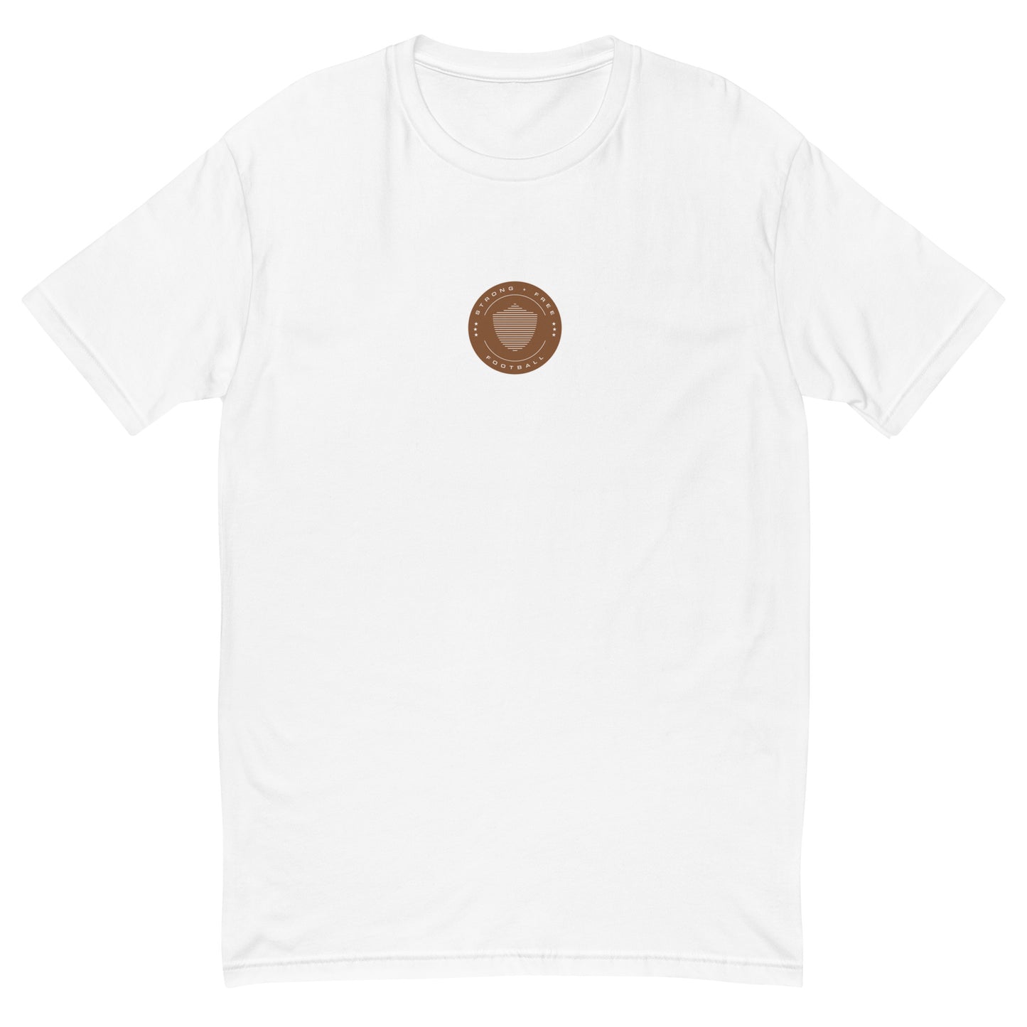 Men's football tee, various colors. S+F signature shield logo design, reverse brown crest.