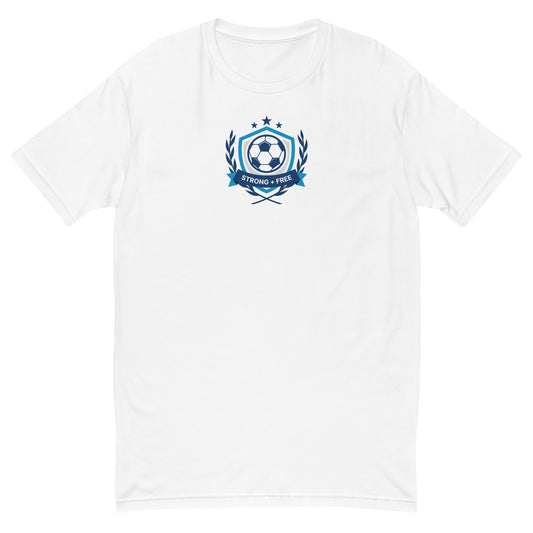 Soccer/Football tee, white. S+F custom logo design, soccer shield II.