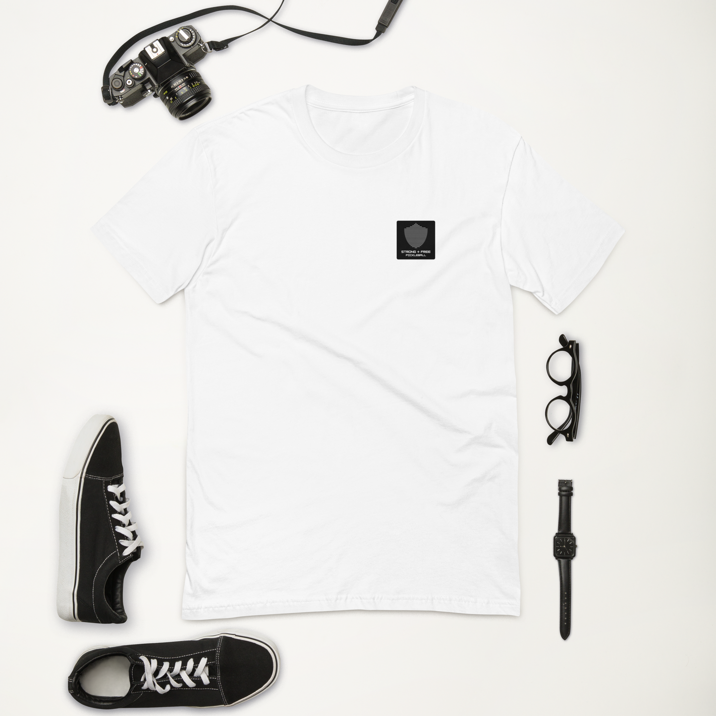 Men's tee, various colors. S+F signature shield logo design, reverse black icon.