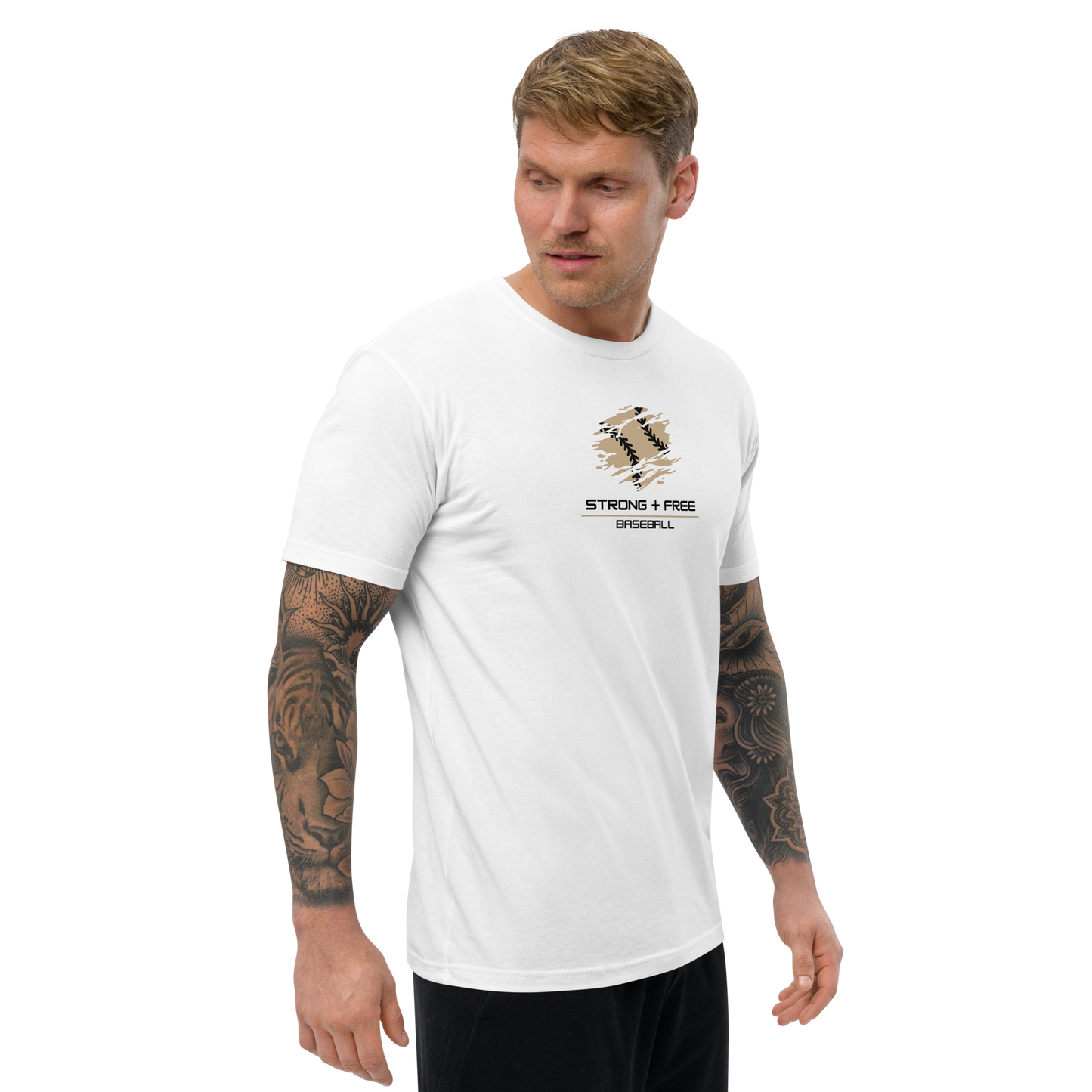 Men's baseball tee, white. S+F signature baseball logo design.