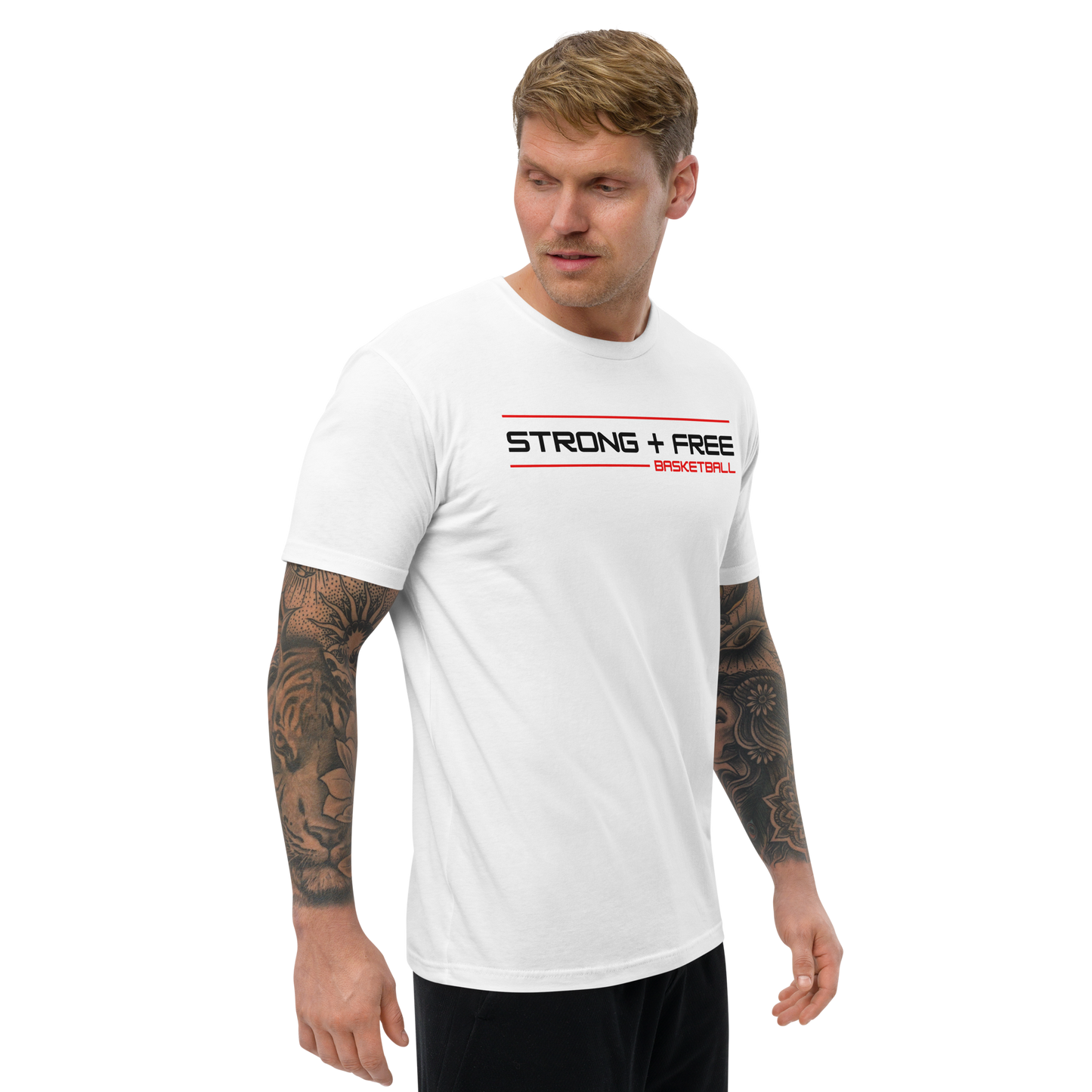 Men's basketball tee, white. S+F signature wordmark logo design.