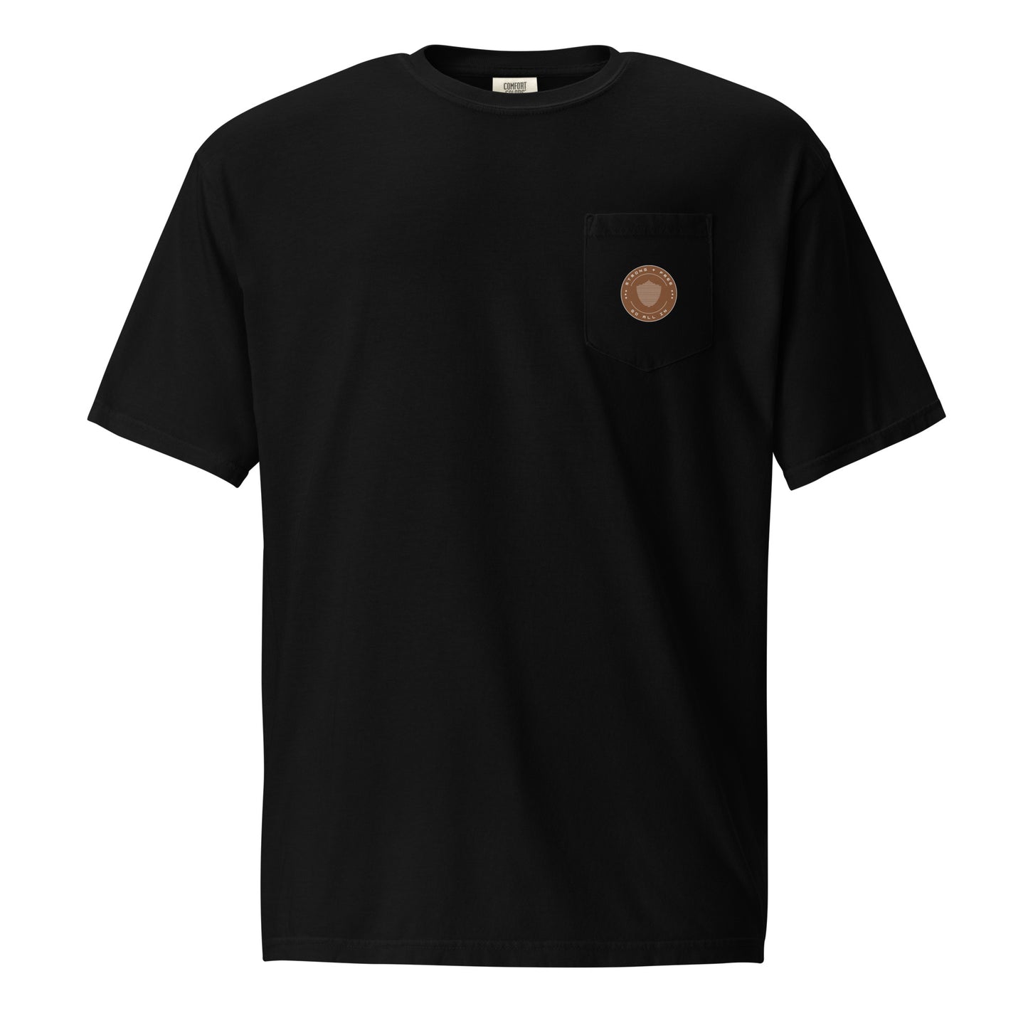 Men's front pocket tee, various colors. S+F signature shield logo design, reverse brown icon.