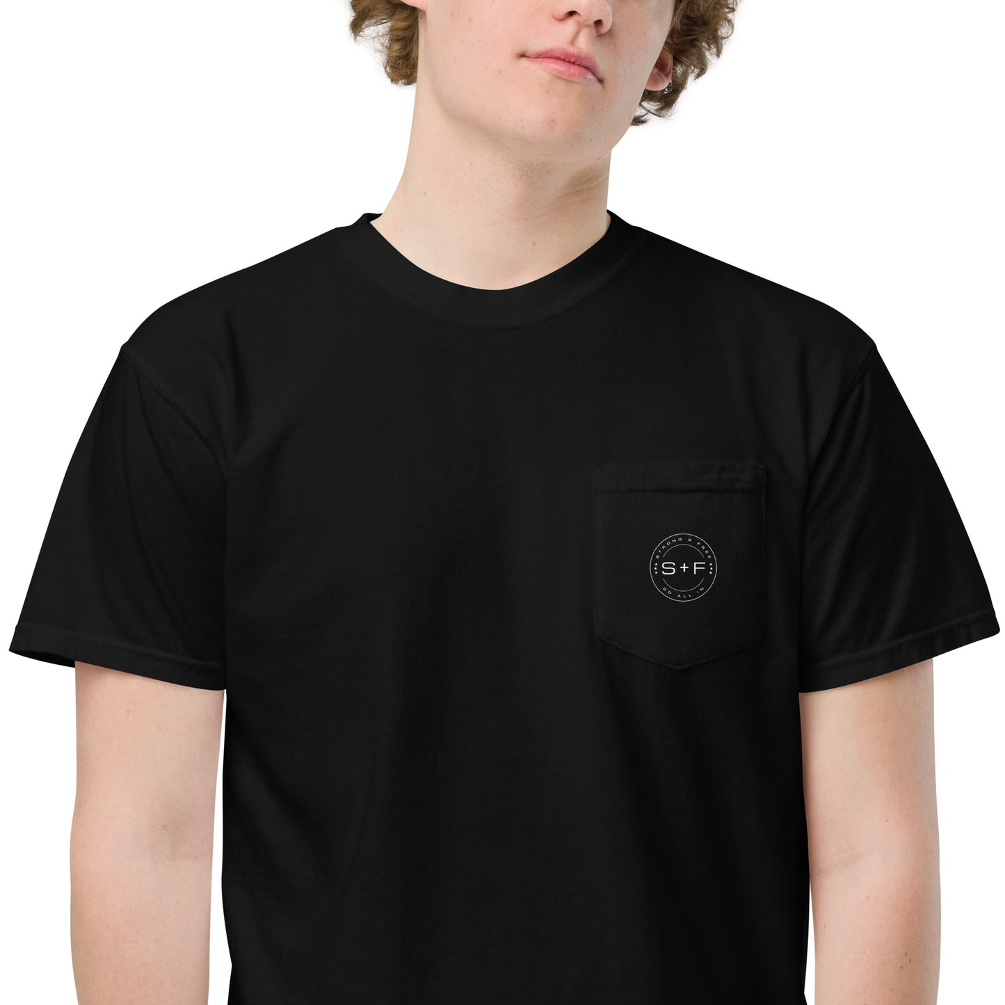 Men's Front Pocket T-Shirt, Black/Blue. S+F White Circle Logo Design.