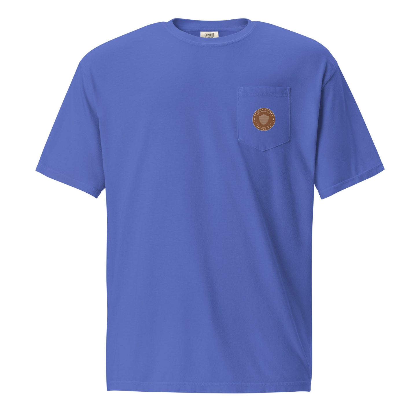 Men's front pocket tee, various colors. S+F signature shield logo design, reverse brown icon.
