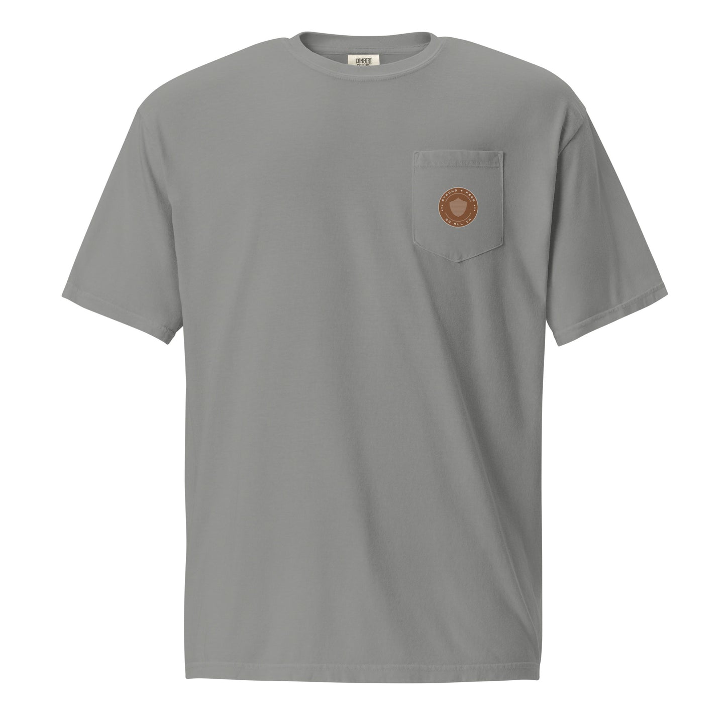 Men's front pocket tee, various colors. S+F signature shield logo design, reverse brown icon.