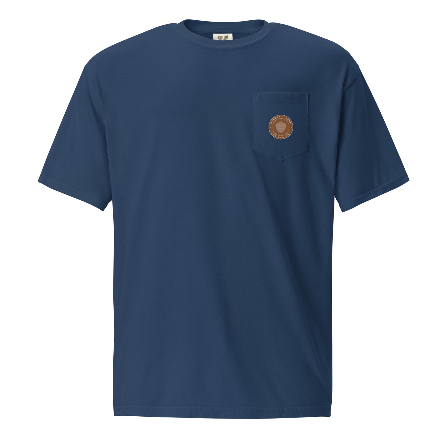 Men's front pocket tee, various colors. S+F signature shield logo design, reverse brown icon.