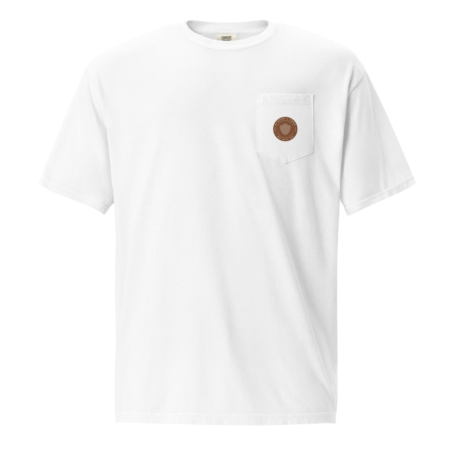 Men's front pocket tee, various colors. S+F signature shield logo design, reverse brown icon.