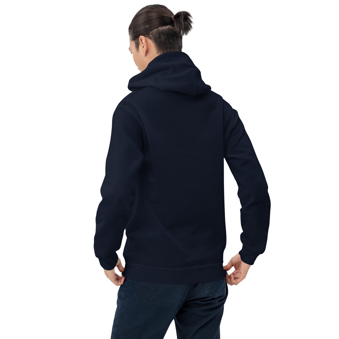 Men's Front Pouch Hoodie, Black/Navy. S+F White Circle Logo Design.