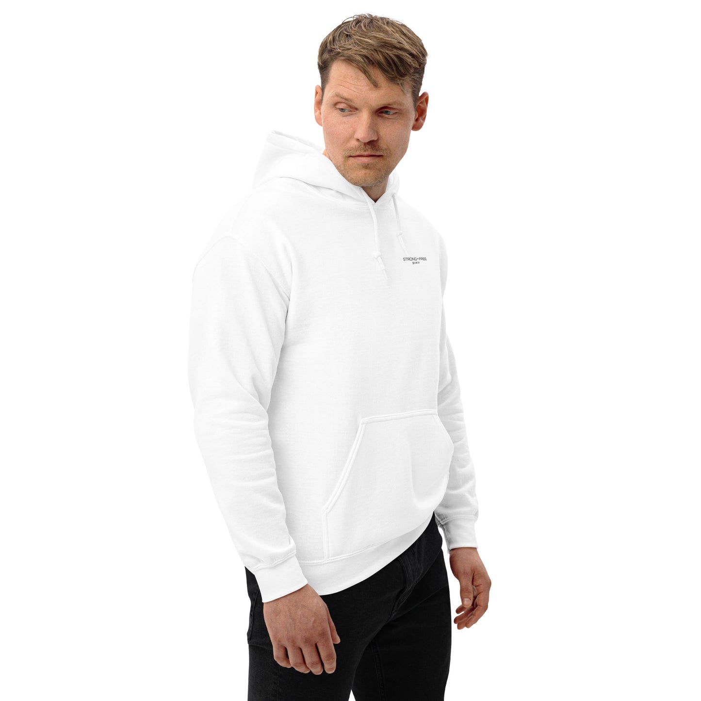 Men's Front Pouch Hoodie, White/Red/Blue/Grey. S+F Black Font Logo Design.