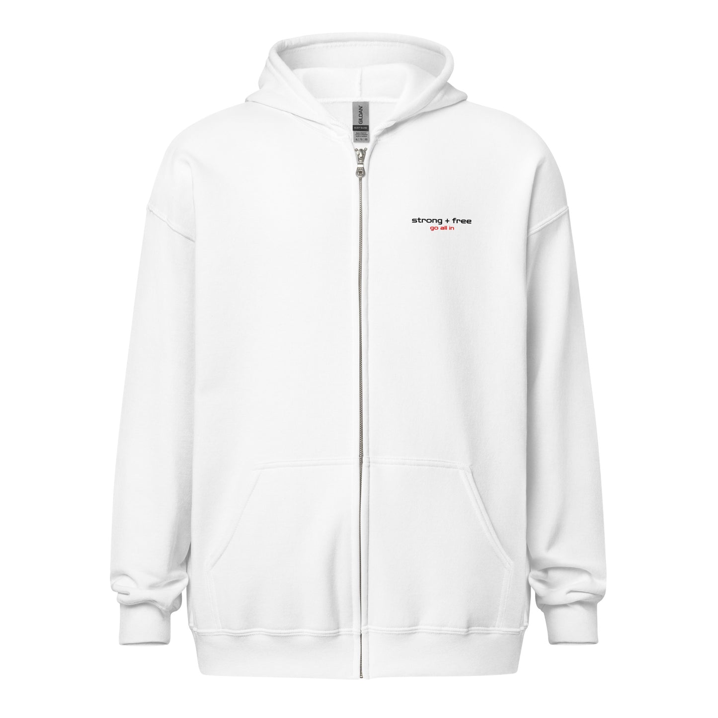 Men's Full Zip Hoodie, White/Grey. S+F Reverse Shield Logo Design.