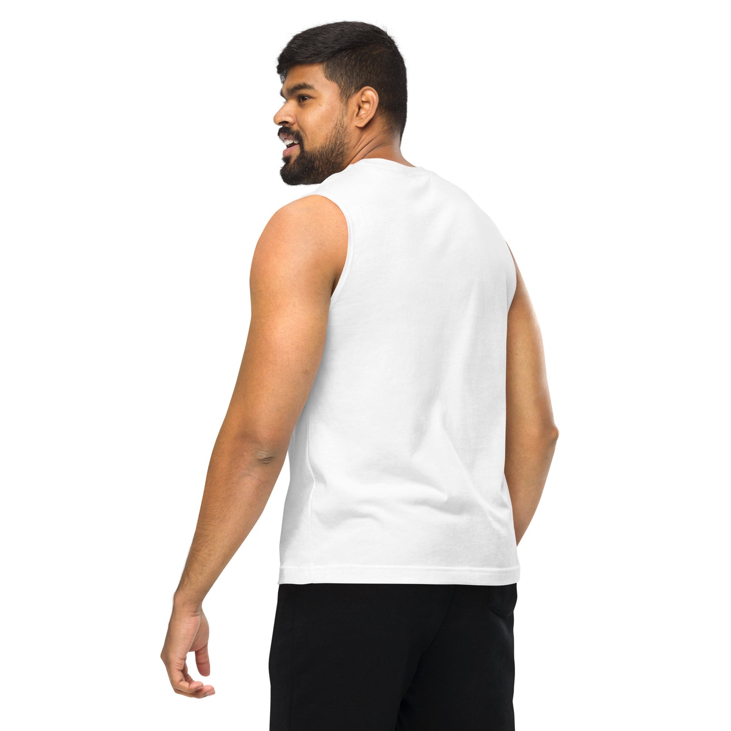 Men's Sleeveless Top, White. S+F Shield II Logo Design.