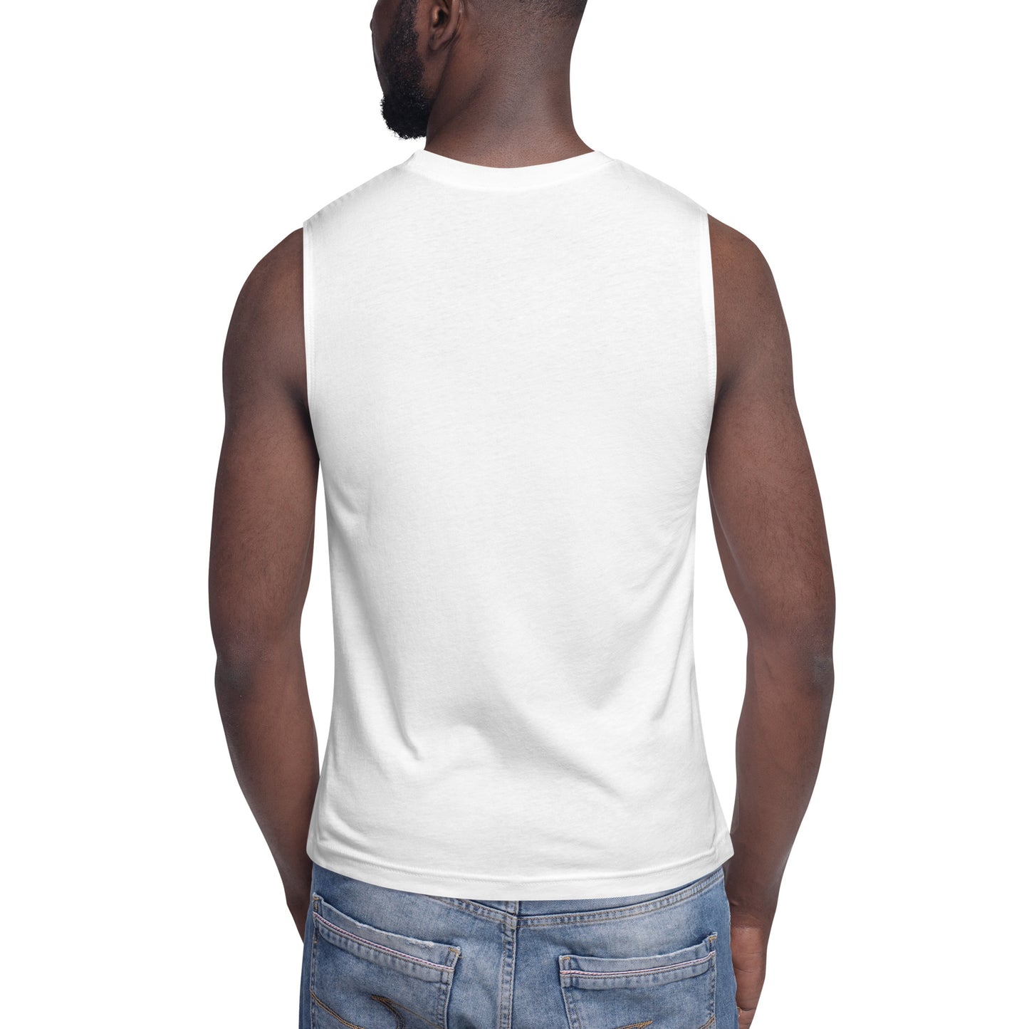 Men's Sleeveless Top, White. S+F Black Font Logo Design.