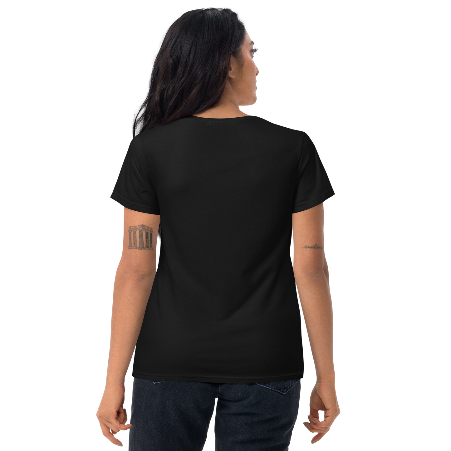 Women's short sleeve t-shirt, black/navy/grey. S+F custom pickleball logo design, pink crest.