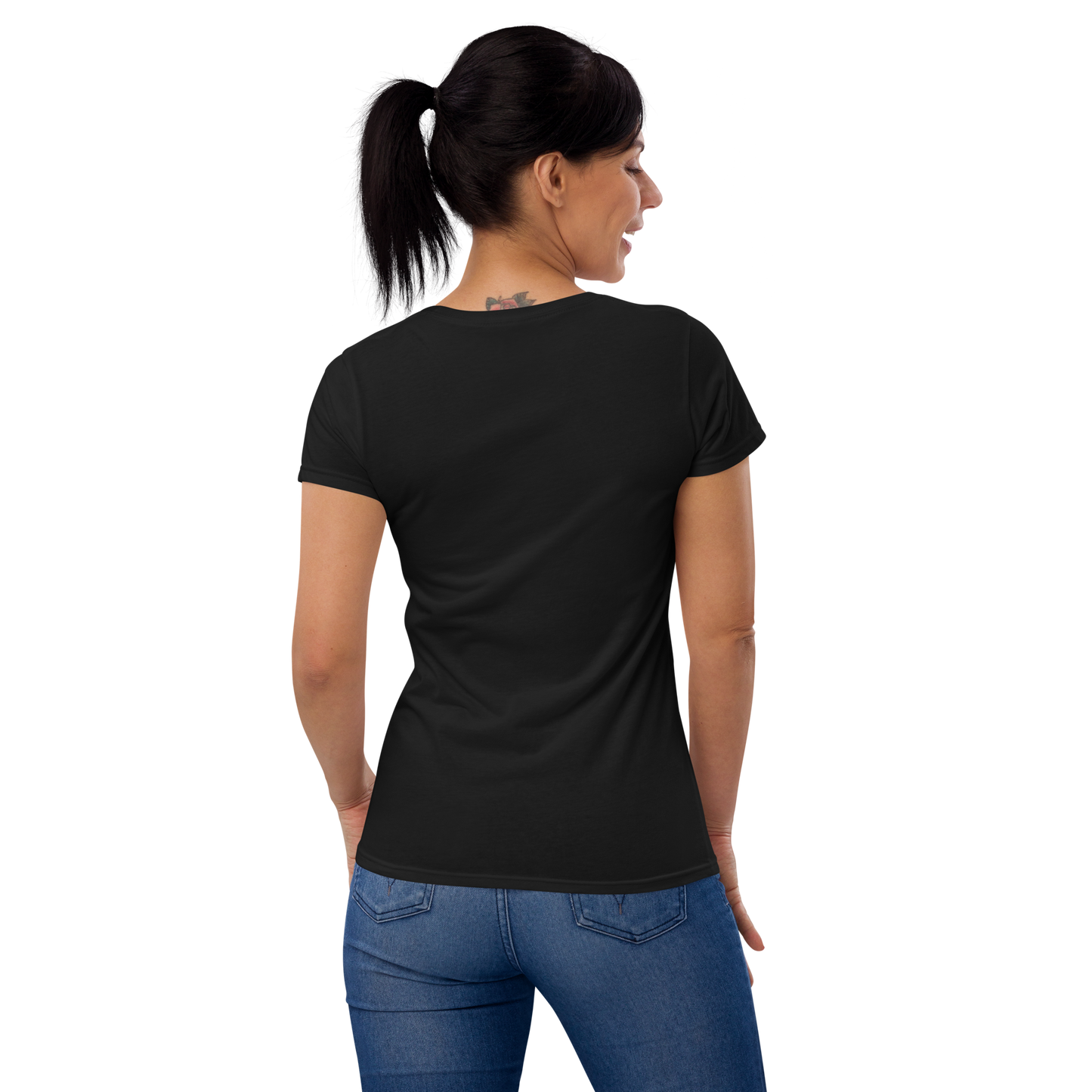 Women's short sleeve t-shirt, black/navy/grey colors. S+F pickleball love logo design.