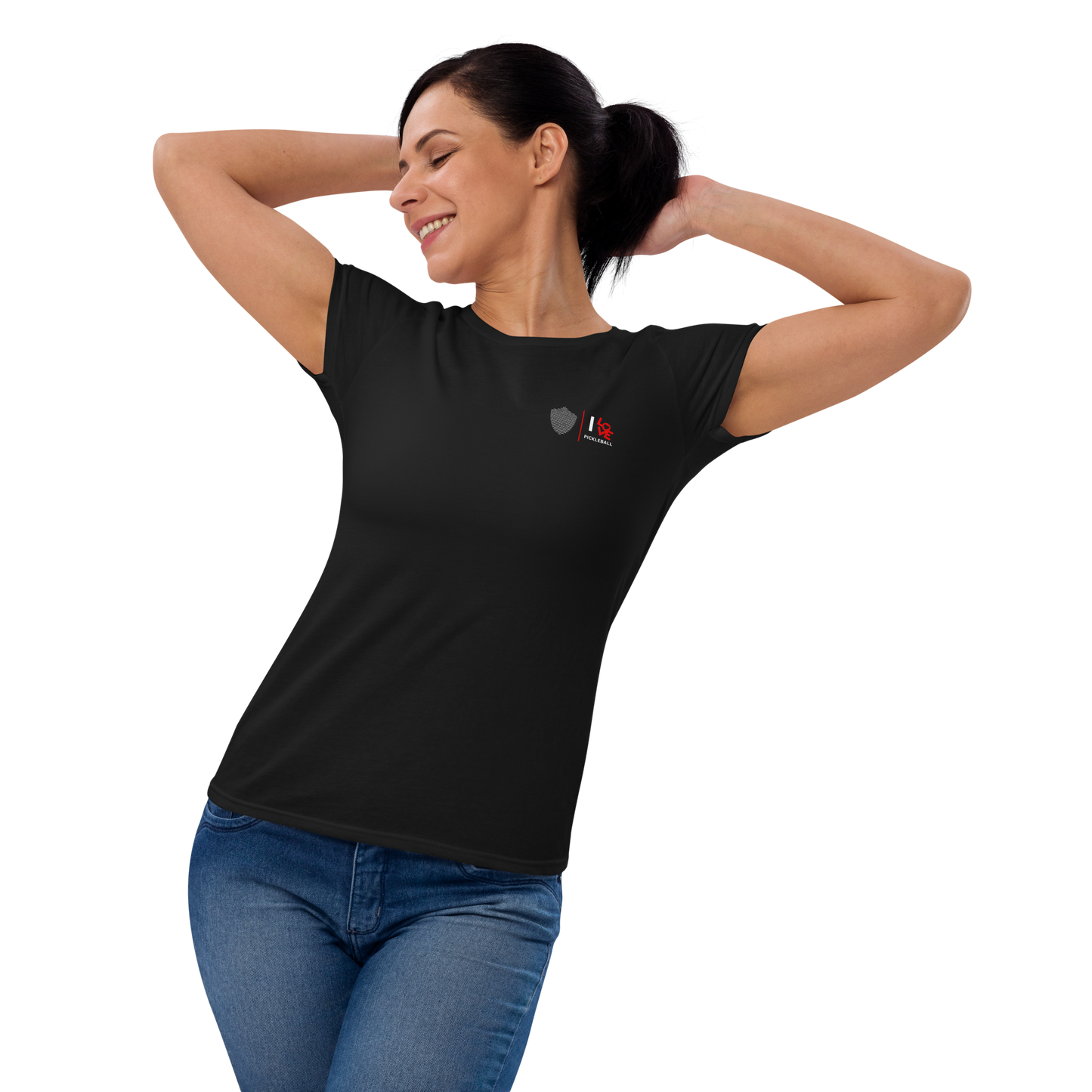 Women's short sleeve t-shirt, black/navy/grey colors. S+F pickleball love logo design.