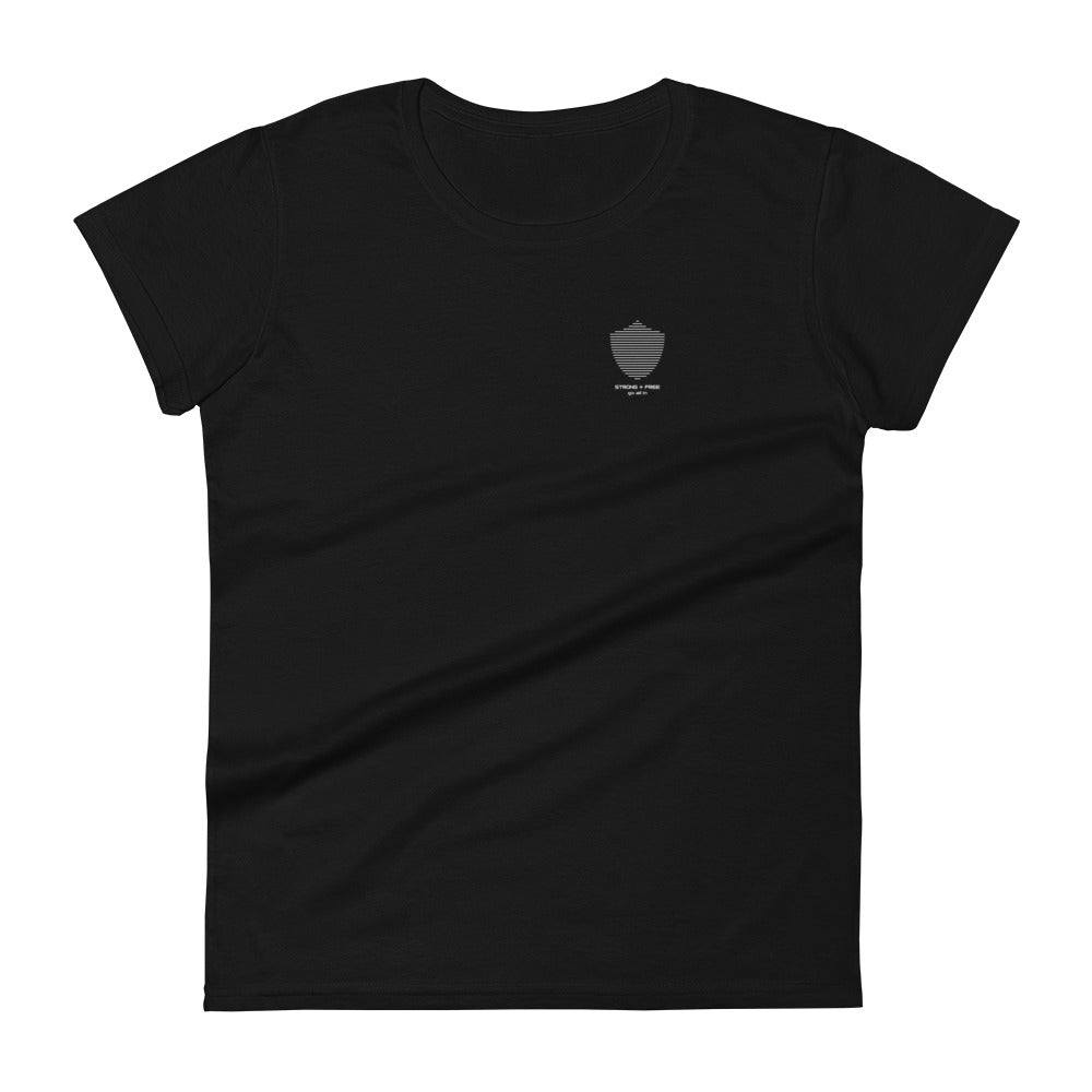 Women's short sleeve tee, various colors. S+F signature shield logo design.