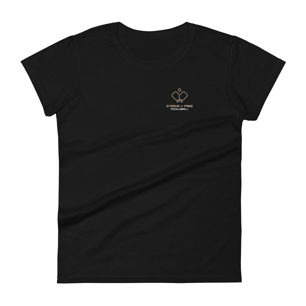 Women's short sleeve t-shirt, black/navy/grey colors. S+F signature pickleball logo design.