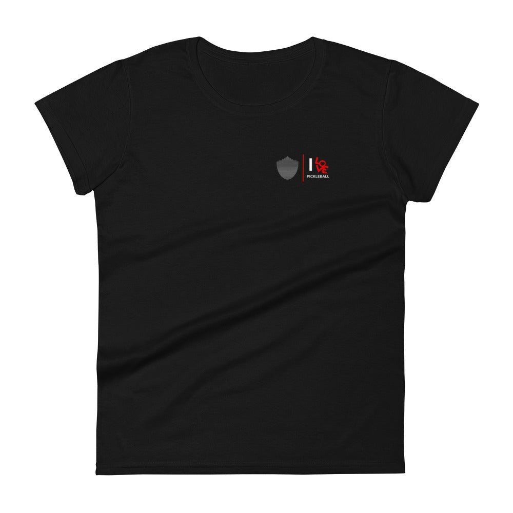 Women's short sleeve t-shirt, black/navy/grey colors. S+F pickleball love logo design.