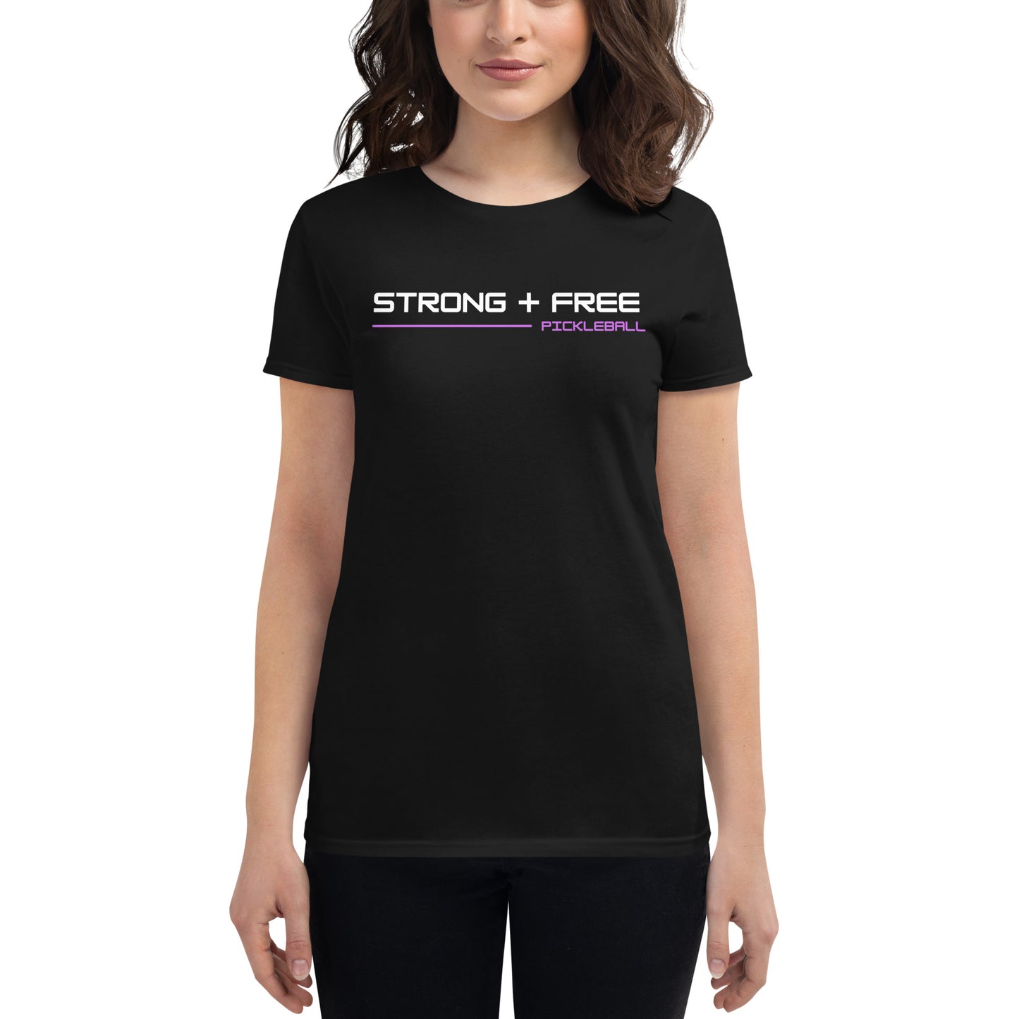 Women's short sleeve t-shirt, black/navy/grey colors. S+F signature wordmark logo design.