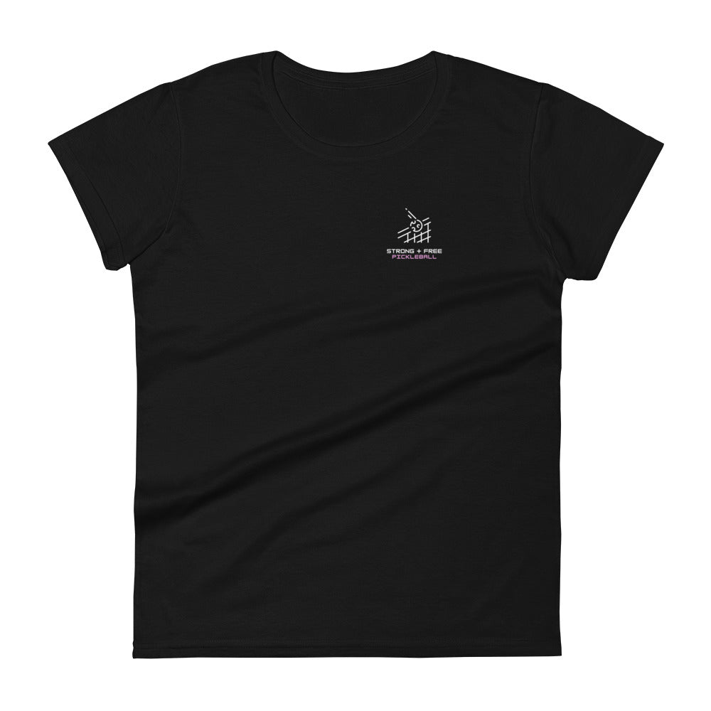 Women's short sleeve t-shirt, black/navy/grey. S+F custom pickleball logo design, pickleball II.