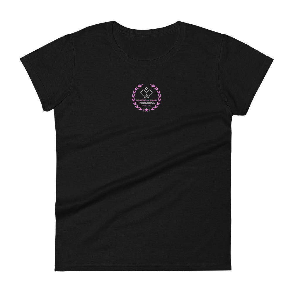 Women's short sleeve t-shirt, black/navy/grey. S+F custom pickleball logo design, pink crest.