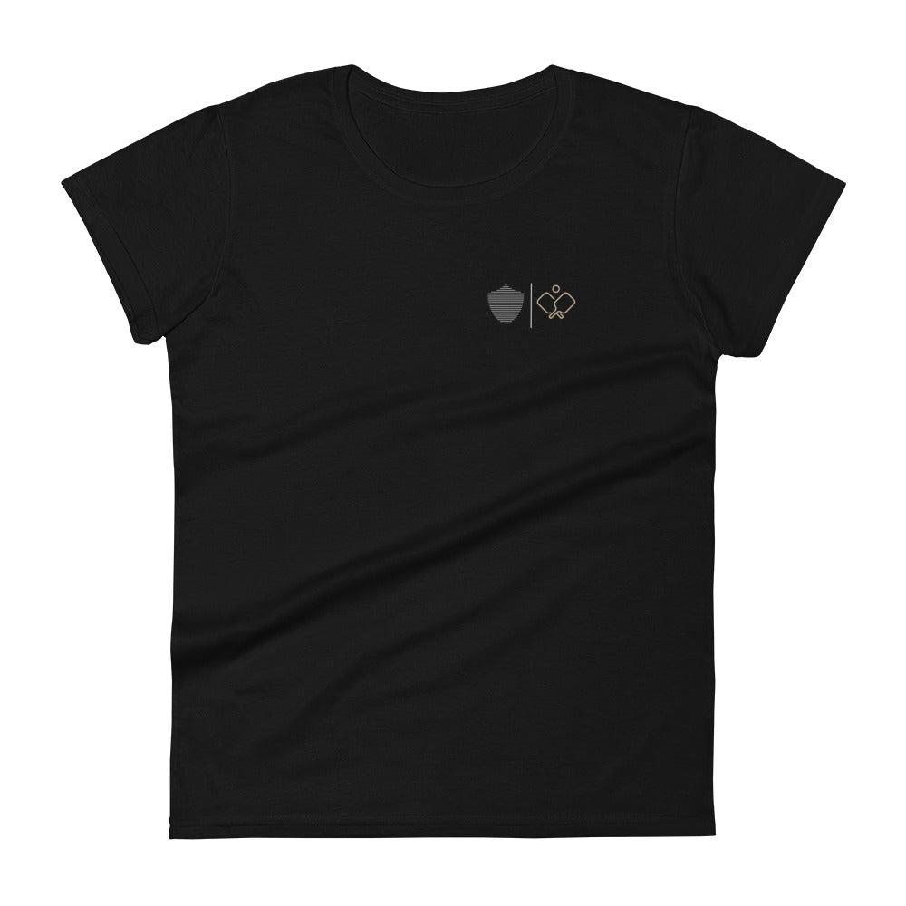 Women's short sleeve t-shirt, black/navy/grey colors. S+F signature pickleball logo design II.