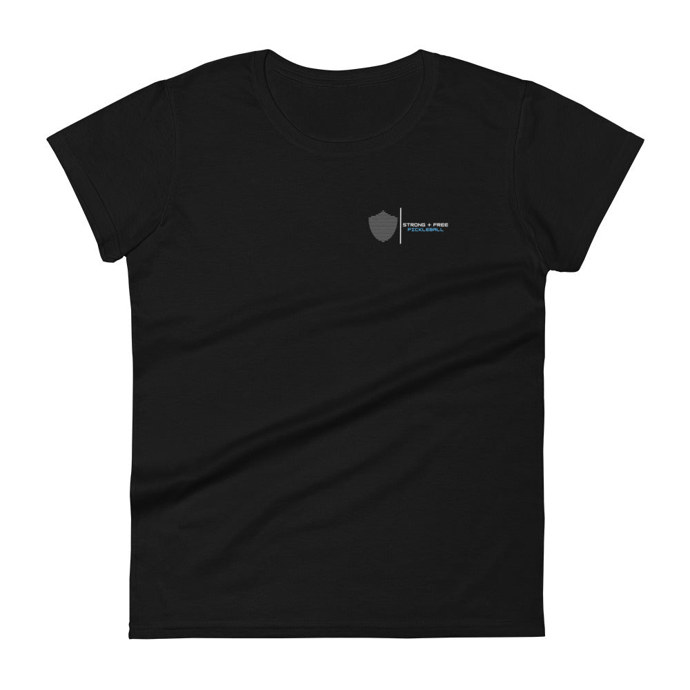 Women's short sleeve t-shirt, black/navy/grey colors. S+F signature shield logo design II.