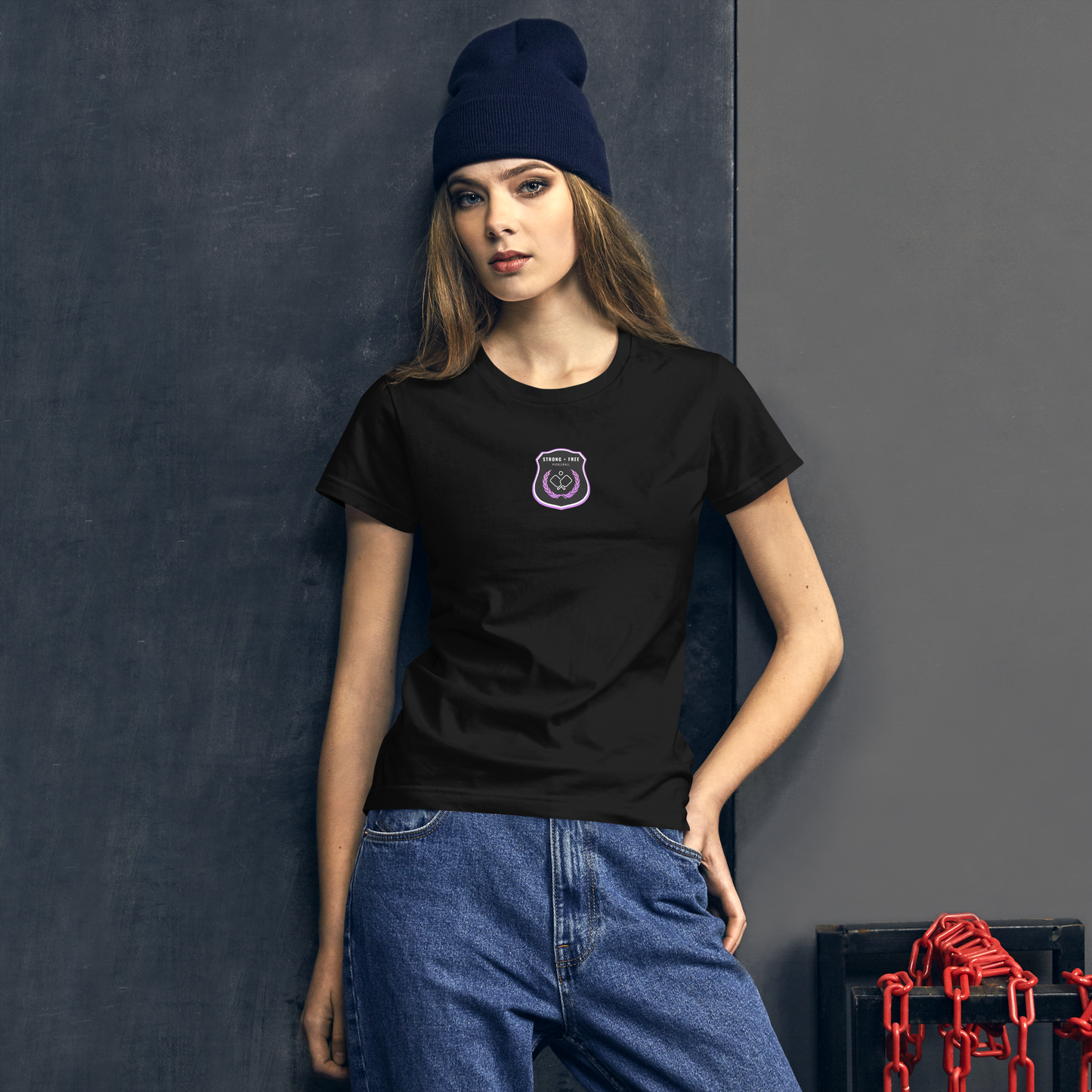 Women's short sleeve t-shirt, various colors. S+F custom pickleball logo design, black crest.