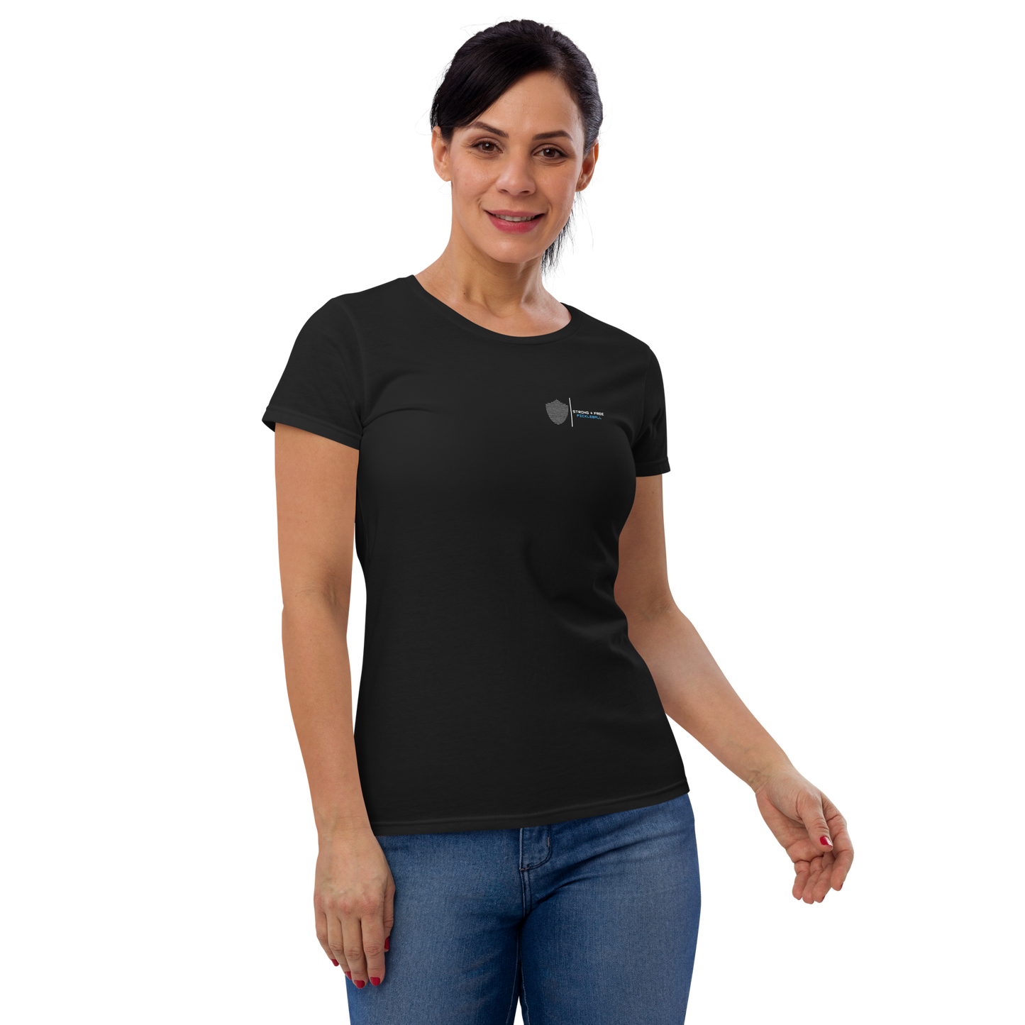 Women's short sleeve t-shirt, black/navy/grey colors. S+F signature shield logo design II.