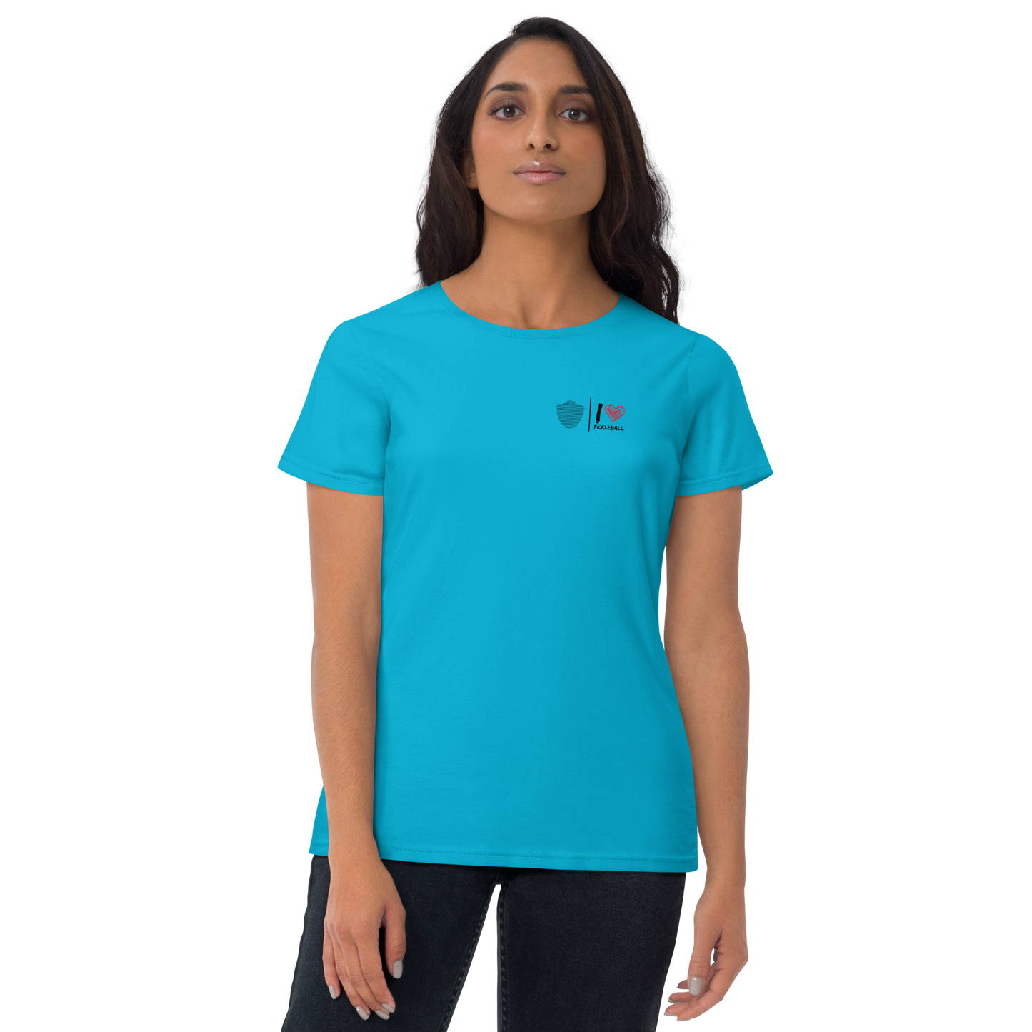 Women's short sleeve t-shirt, various colors. S+F pickleball love logo design.