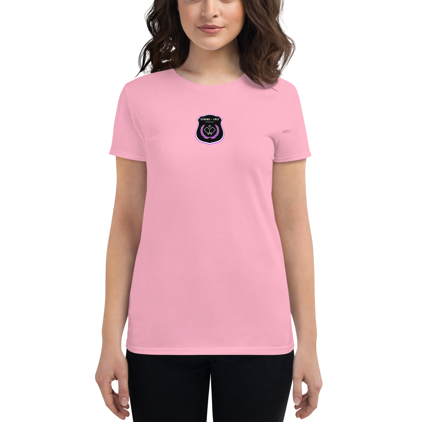 Women's short sleeve t-shirt, various colors. S+F custom pickleball logo design, black crest.