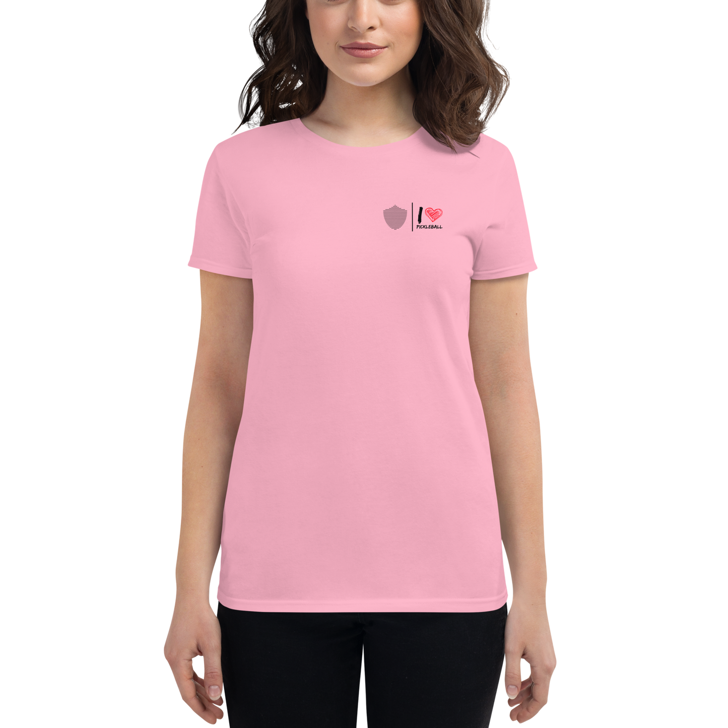 Women's short sleeve t-shirt, various colors. S+F pickleball love logo design.