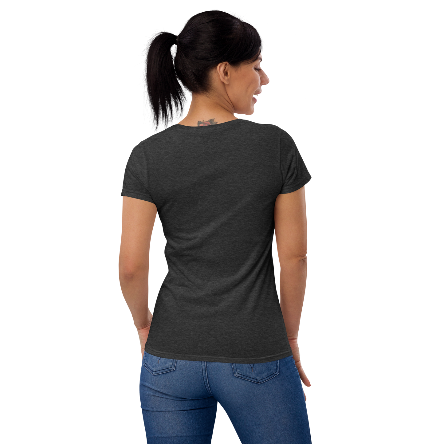 Women's short sleeve t-shirt, black/navy/grey colors. S+F signature wordmark logo design.
